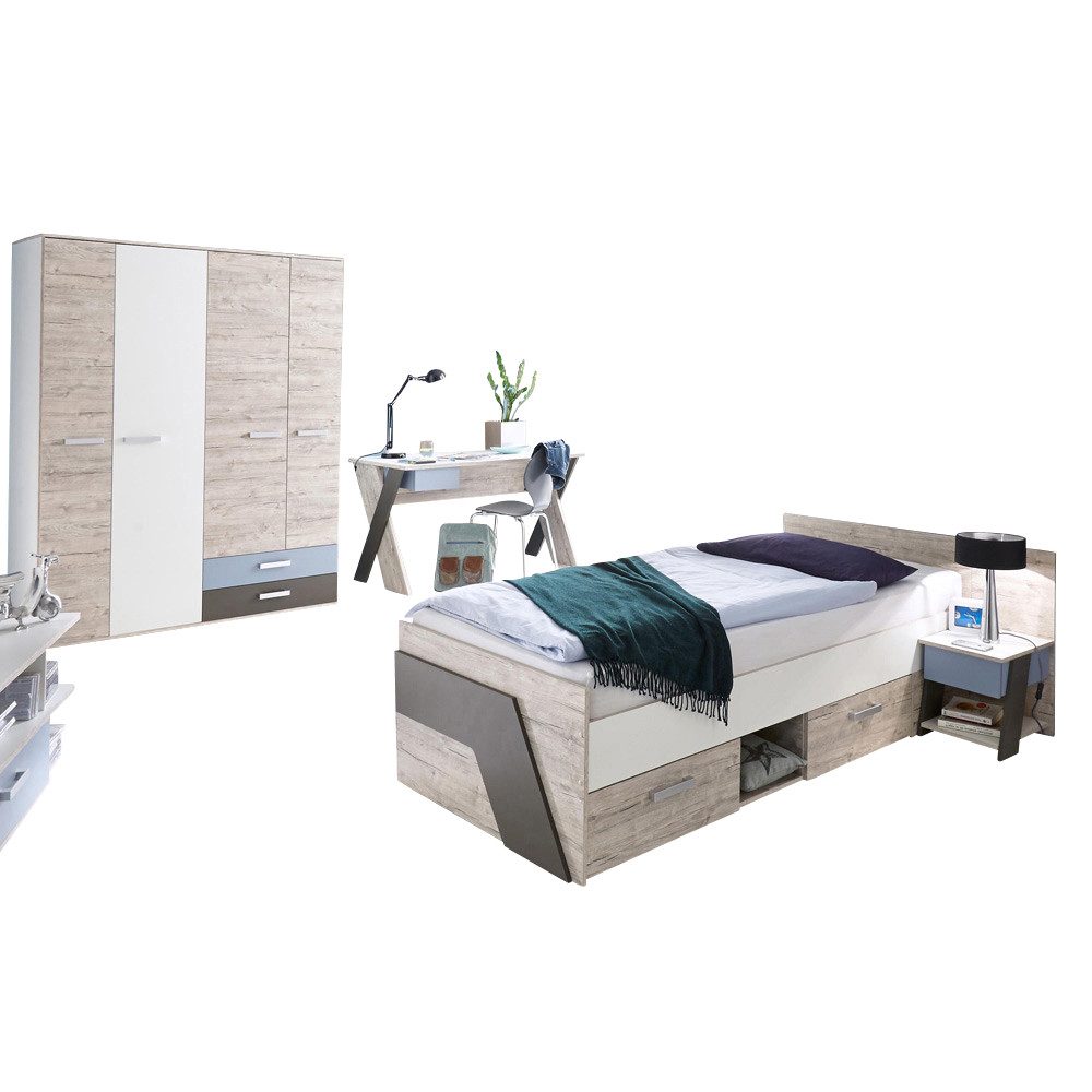 Lomadox Jugendzimmer-Set LEEDS-10, (Sparset, 4-tlg), Sandeiche Nb. mit weiß Lava und Denim Blau