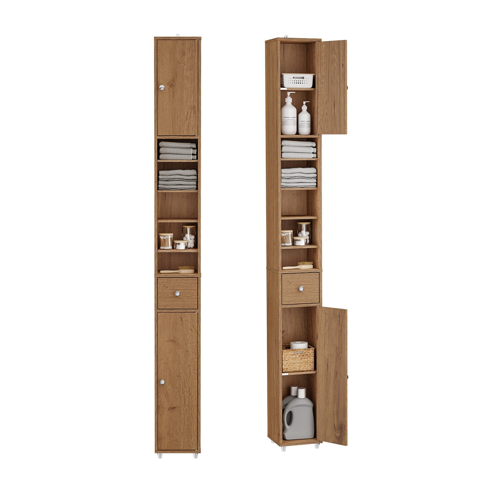 SoBuy Hochschrank BZR34, Badschrank schmal, Badezimmermöbel, Wasserabweisender Badzimmerschrank mit verstellbare Ablagen Badkommode schmal Badezimmer