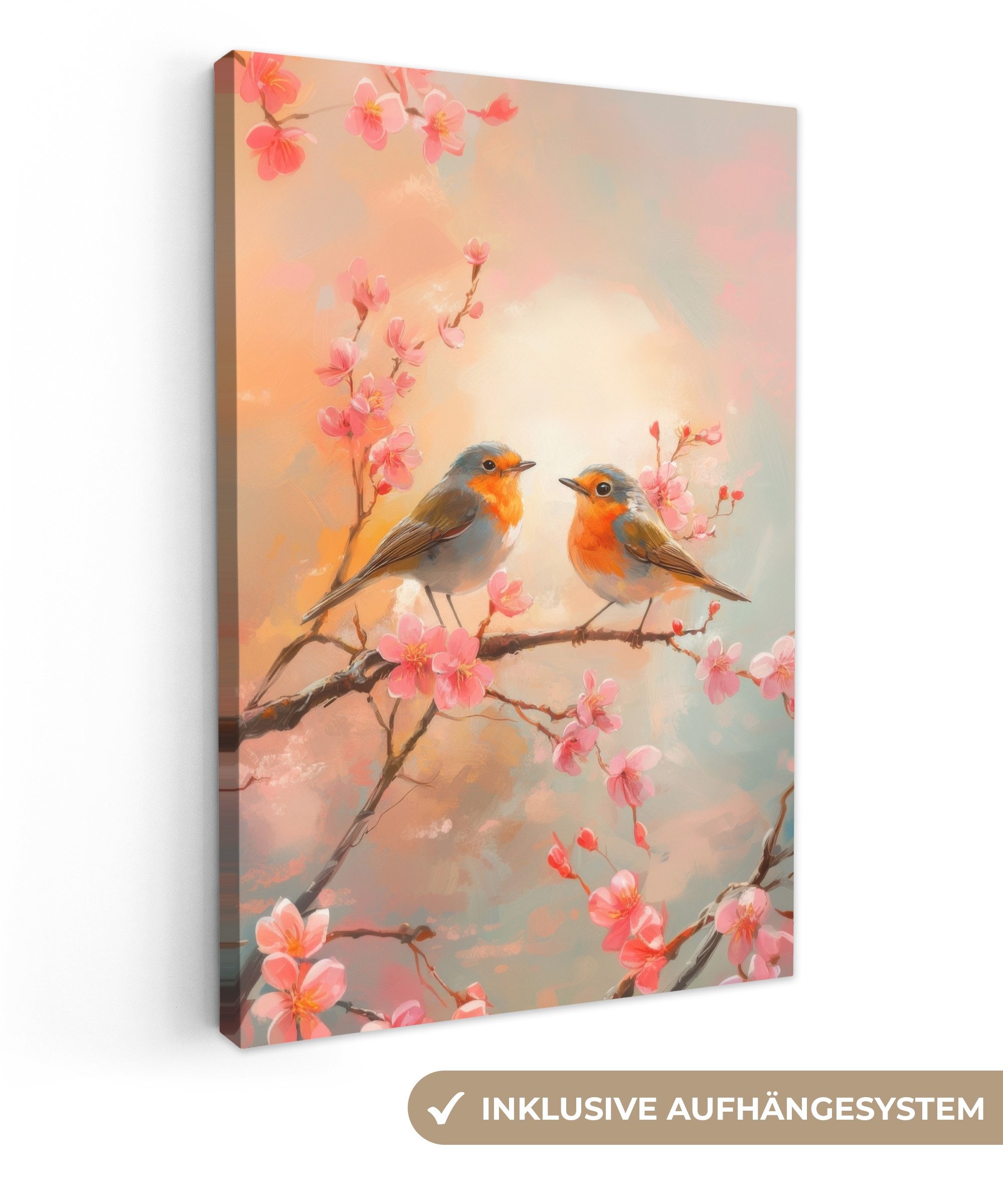 OneMillionCanvasses® Leinwandbild Rotkehlchen - Zierpflanze - Blütenzweig, günstig online kaufen