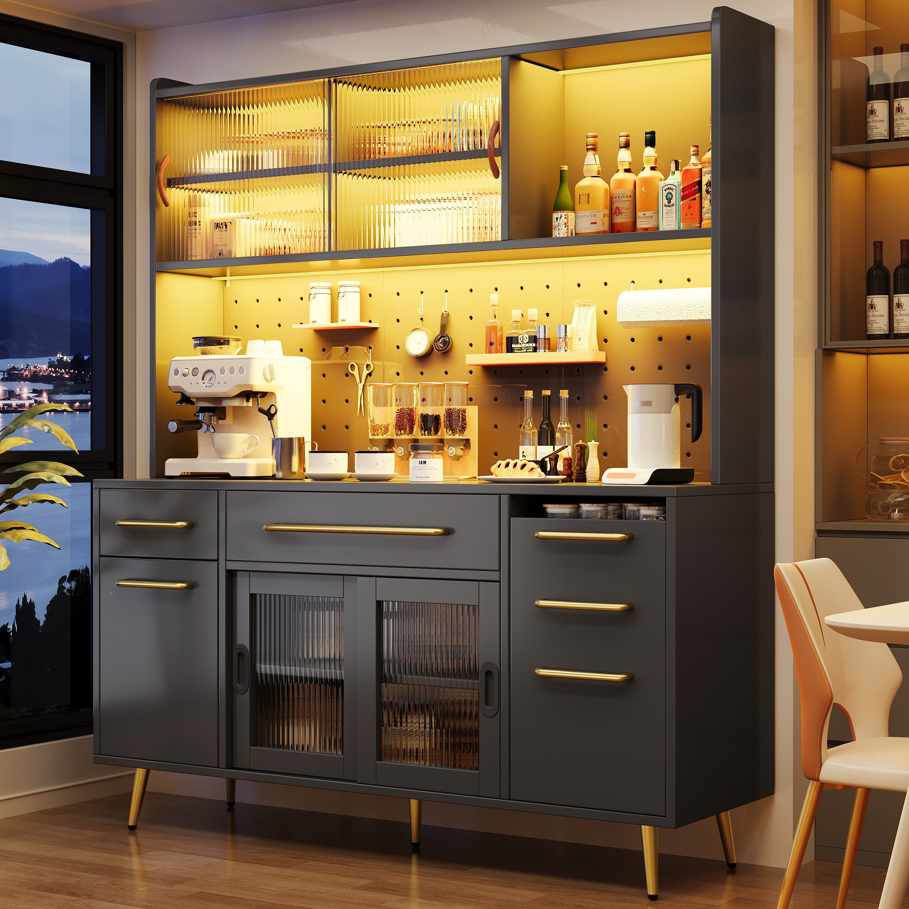 Odikalo Küchenbuffet Küchenschrank Buffetschrank mit LED & großer Stauraum (mit LED-Beleuchtung,Hochschrank für Küche & Wohnzimmer, Aufbewahrungsschrank mit Lochwand, Schublade & Glasböden) 145×39×171cm