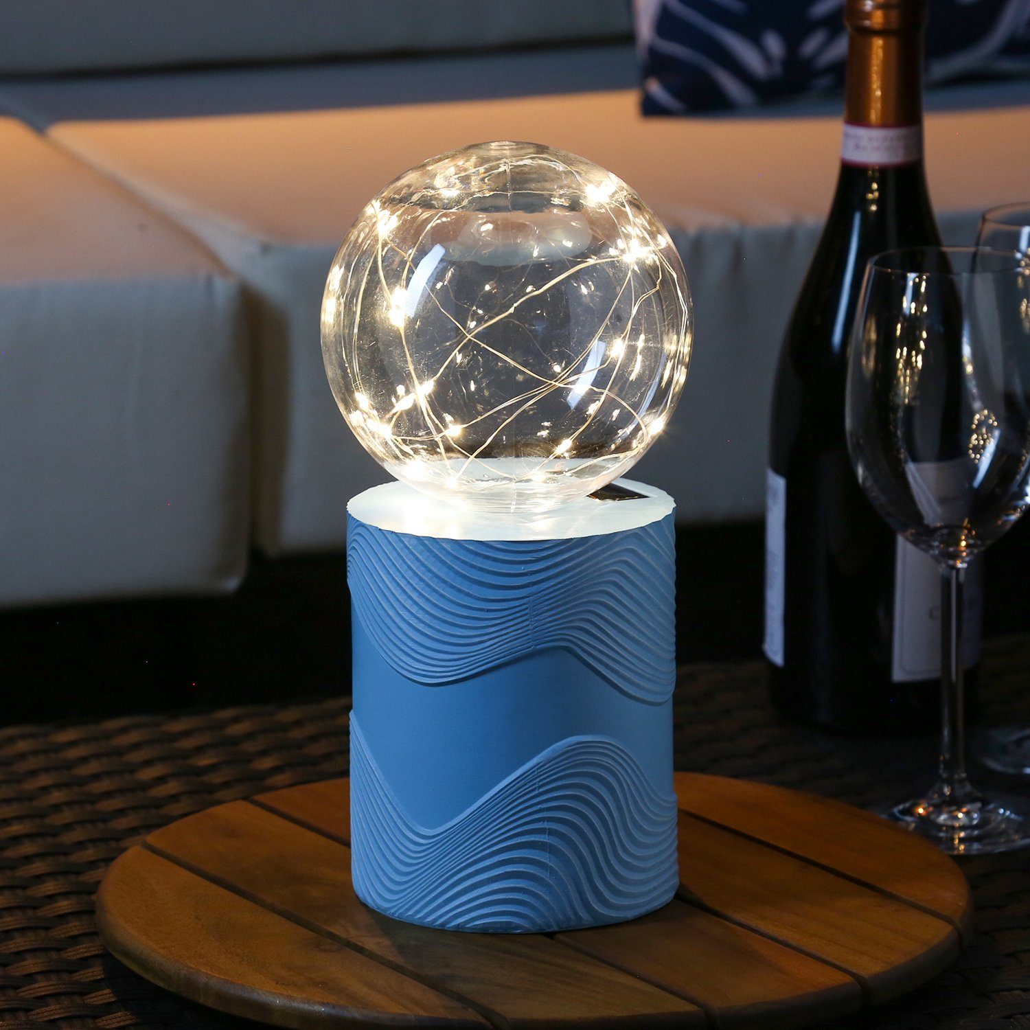 MARELIDA LED Solarleuchte LED Solar Tischlampe GLOW blau Kugelleuchte m. Drahtlichterkette Außen, LED Classic, warmweiß (2100K bis 3000K)