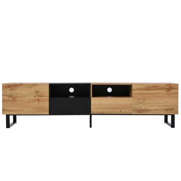 MODFU TV-Schrank Lowboard (geräumiger Stauraum, robuste Konstruktion) mit schwarzem und holzfarbenem Design, 190 cm x 38 cm x 48 cm