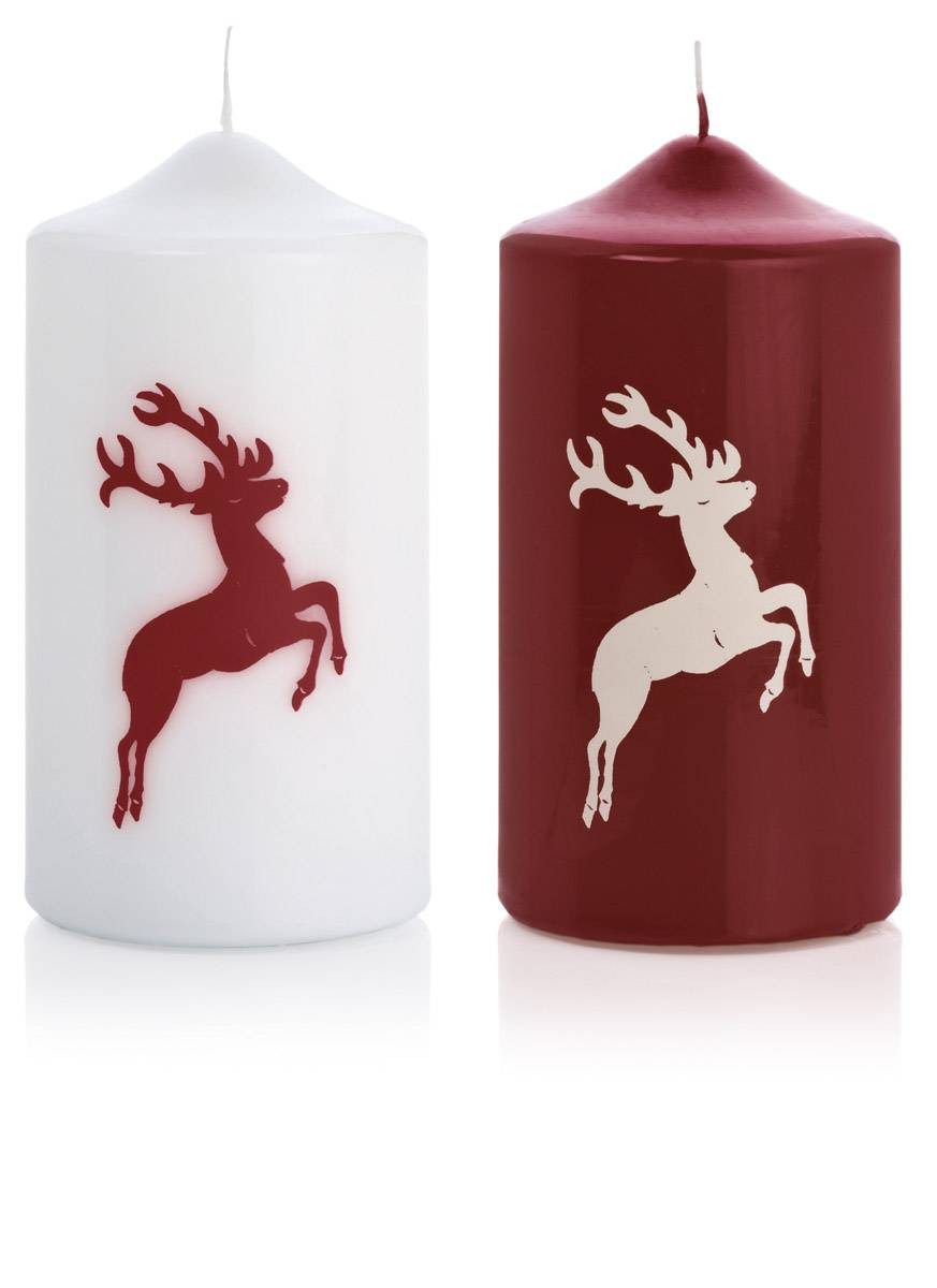 INNA-Glas Adventskerze DALDI, Hirsch Motiv, 2 Stück, bordeaux-weiß, 15cm, Ø8cm, 69h