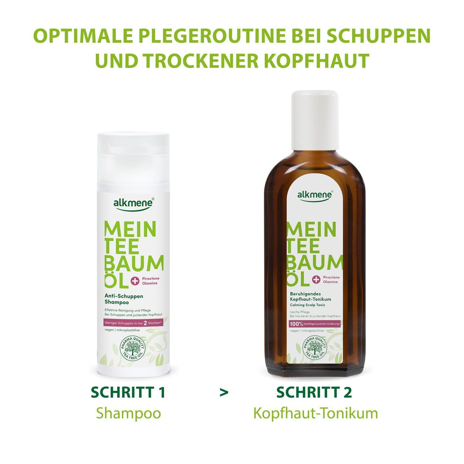 Linderung 2x Teebaumöl Tonikum Juckreiz alkmene 100% 2-tlg. bestätigt vegan, Haarwasser Kopfhaut