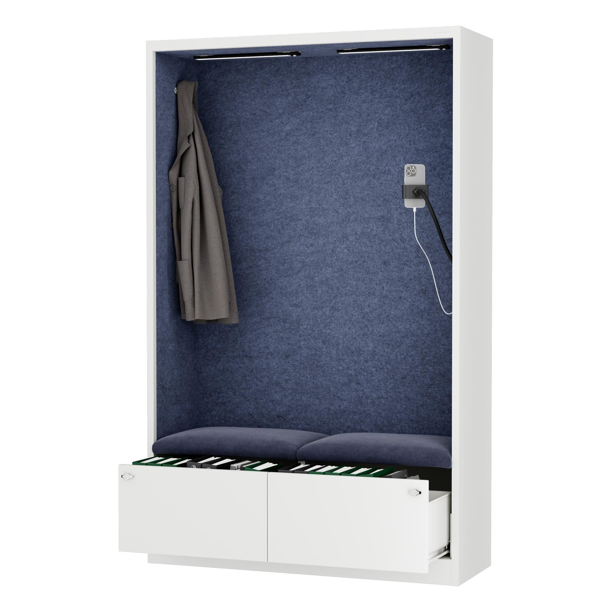 Jan Nowak Raumteiler Akustikkabine Telefonkabine SALLY 115 cm NRC 0,8 Sitzplatz USB-C, Stahl pulverbeschichtet recycelte PET-Paneele B1 185 x 115 x 40 cm, Bürokabine schallabsorbierend PET offen 4 Rahmen 4 Polsterfarben