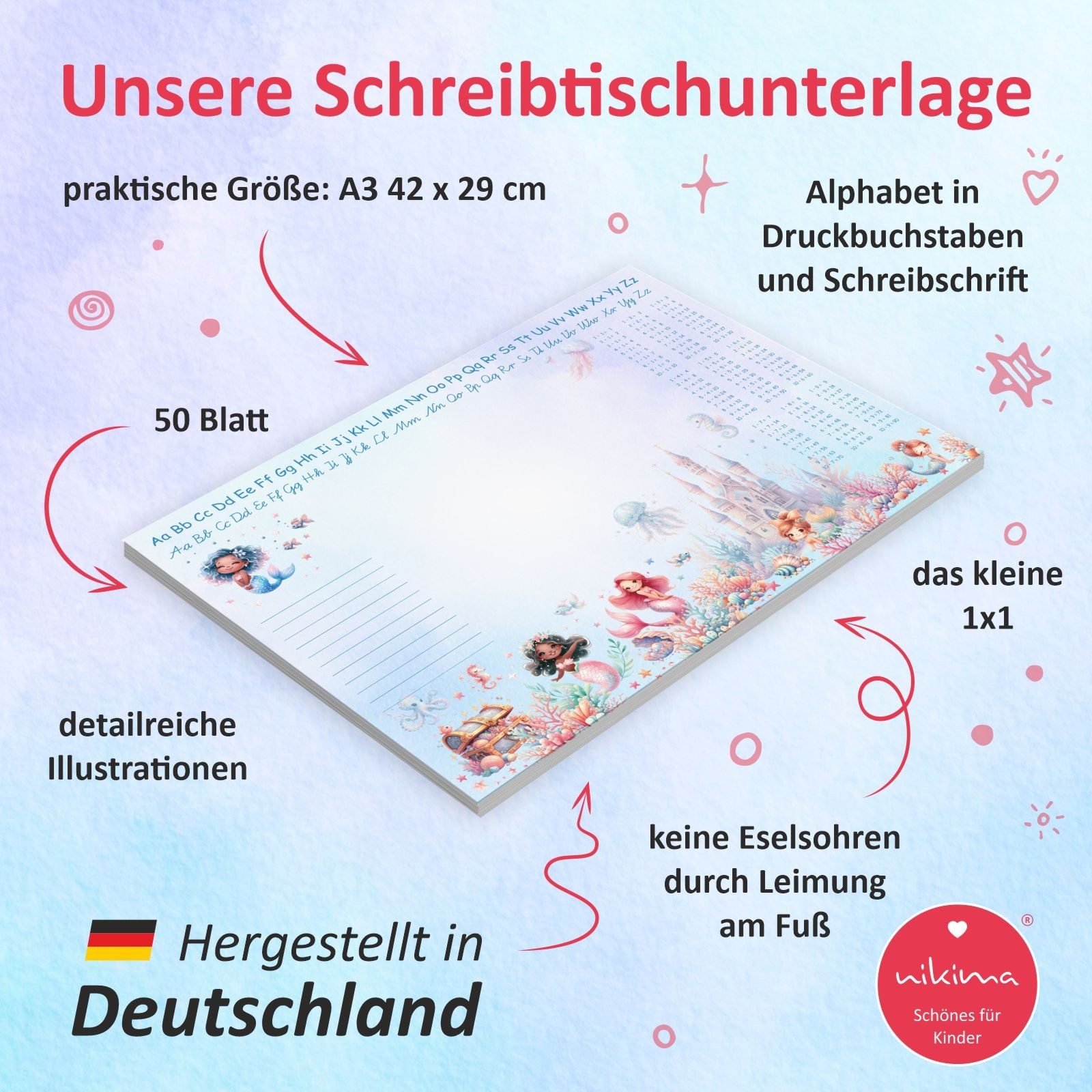 nikima Schreibtischunterlage A3 Schreibtischunterlage Meerjungfrau Unterwasser Papier 50 Blatt – Bild 2 von 5