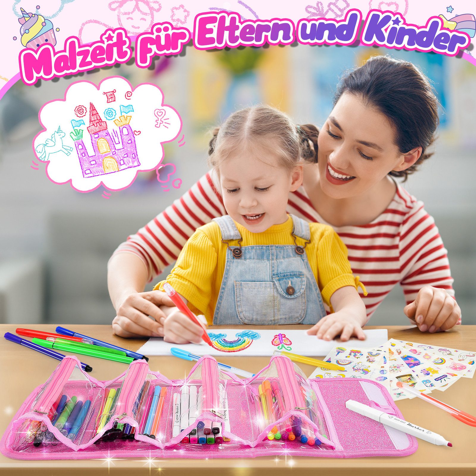 Wootoy Buntstift Einhorn Malset mit Federmäppchen 54-teiliges Kreativset Glitzerstiften, (Federmäppchen mit 4 Reißverschlussfächern und Tragegriff, 54-tlg., mit – Bild 5 von 5