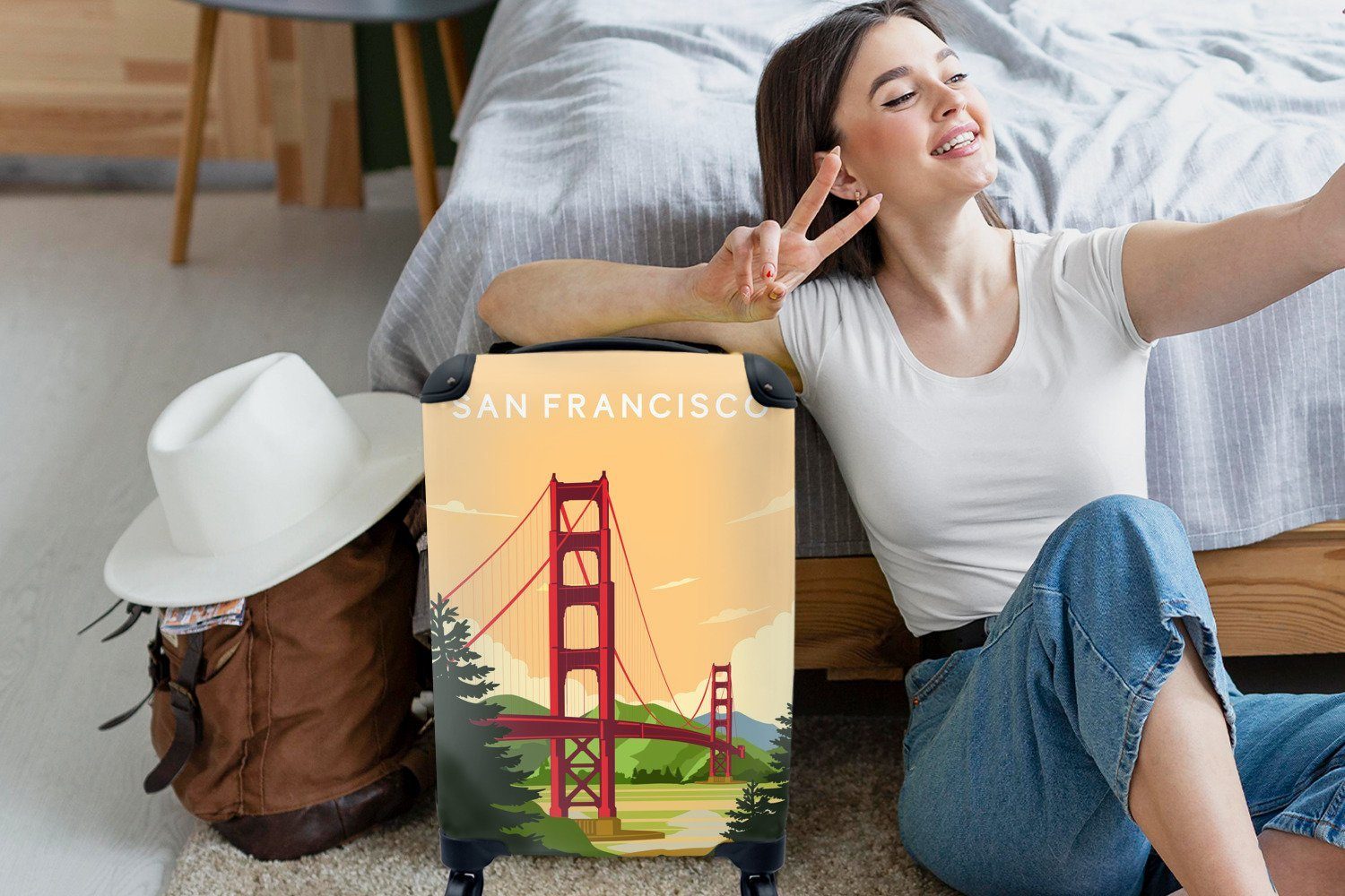 Reisekoffer für Golden Gate - mit 4 USA Ferien, Rollen, - Brücke Trolley, Handgepäck Reisetasche Bridge, Architektur rollen, MuchoWow - Handgepäckkoffer