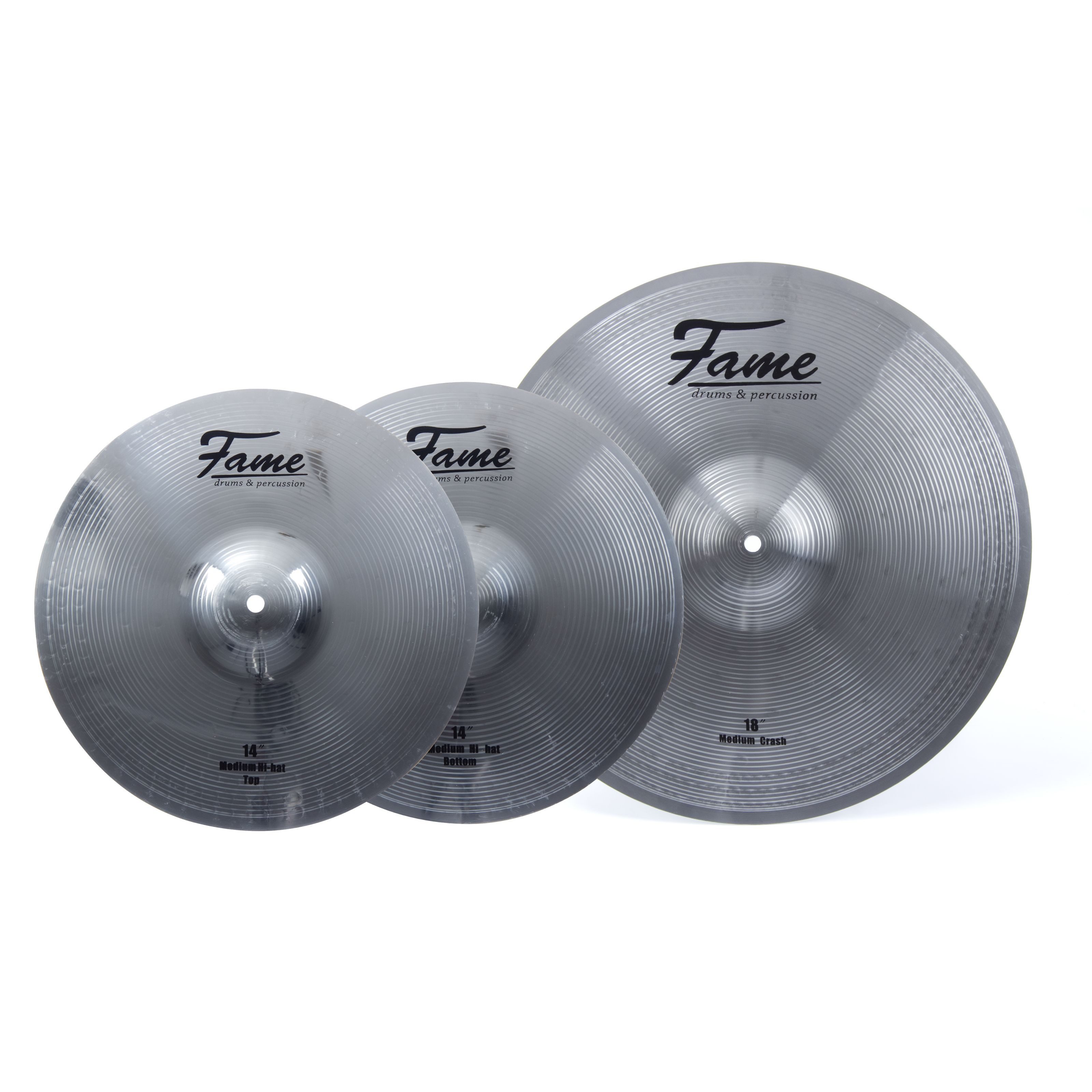 FAME Becken,Beckenset Reflex Kombo IV 18 Zoll Crash-Ride 14 Zoll HiHat Medium Thin inklusive Drummer Handtuch 50th Anniversary Edition, Cymbals, Cymbal Sets, Beckenset, 18 Zoll Crash-Ride, 14 Zoll HiHat, Medium Thin