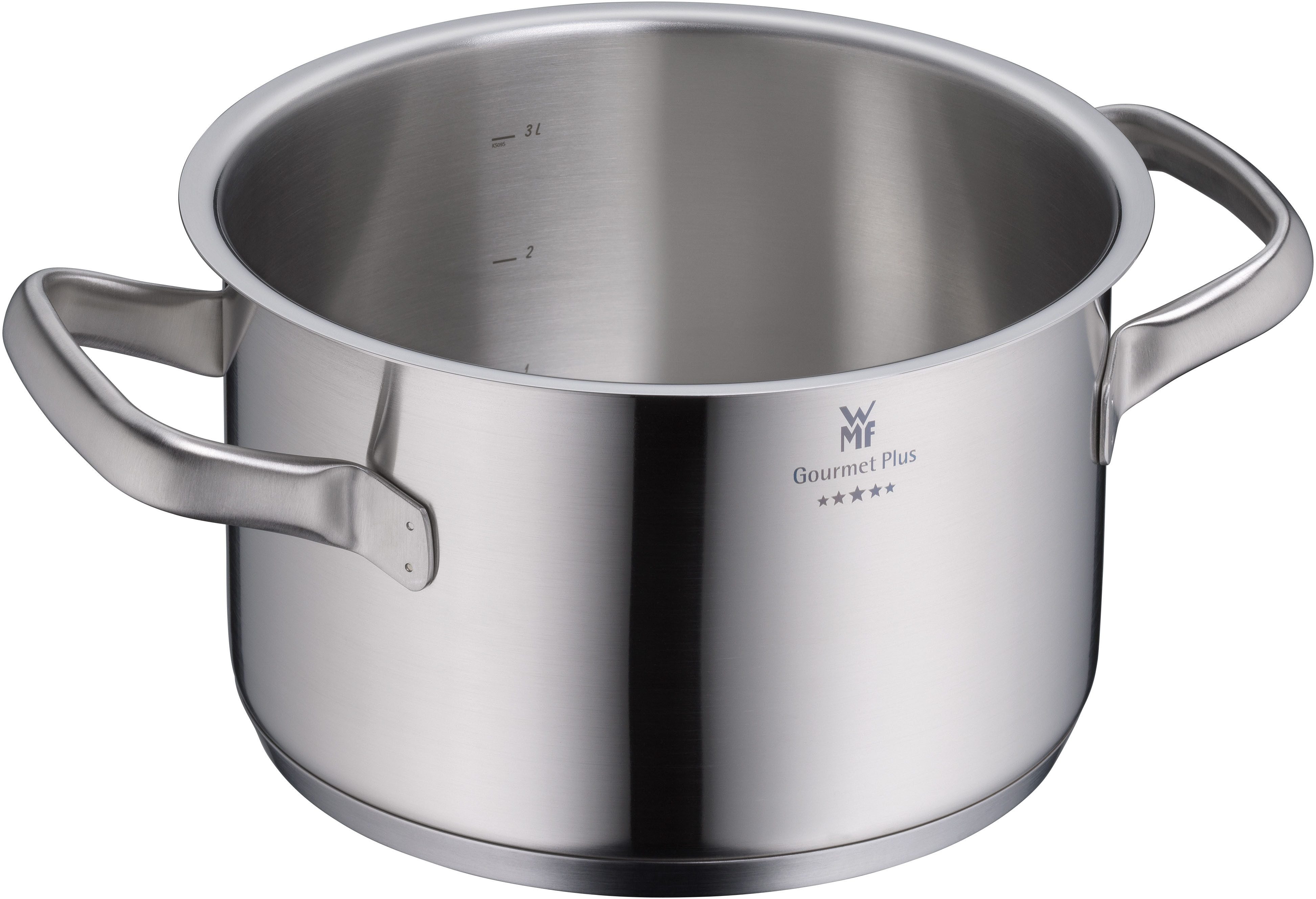 WMF Kochtopf Gourmet Plus, Cromargan® Edelstahl Rostfrei 18/10 (2-tlg), wärmeduzierende Hohlgriffe, Innenskalierung, breiter Schüttrand