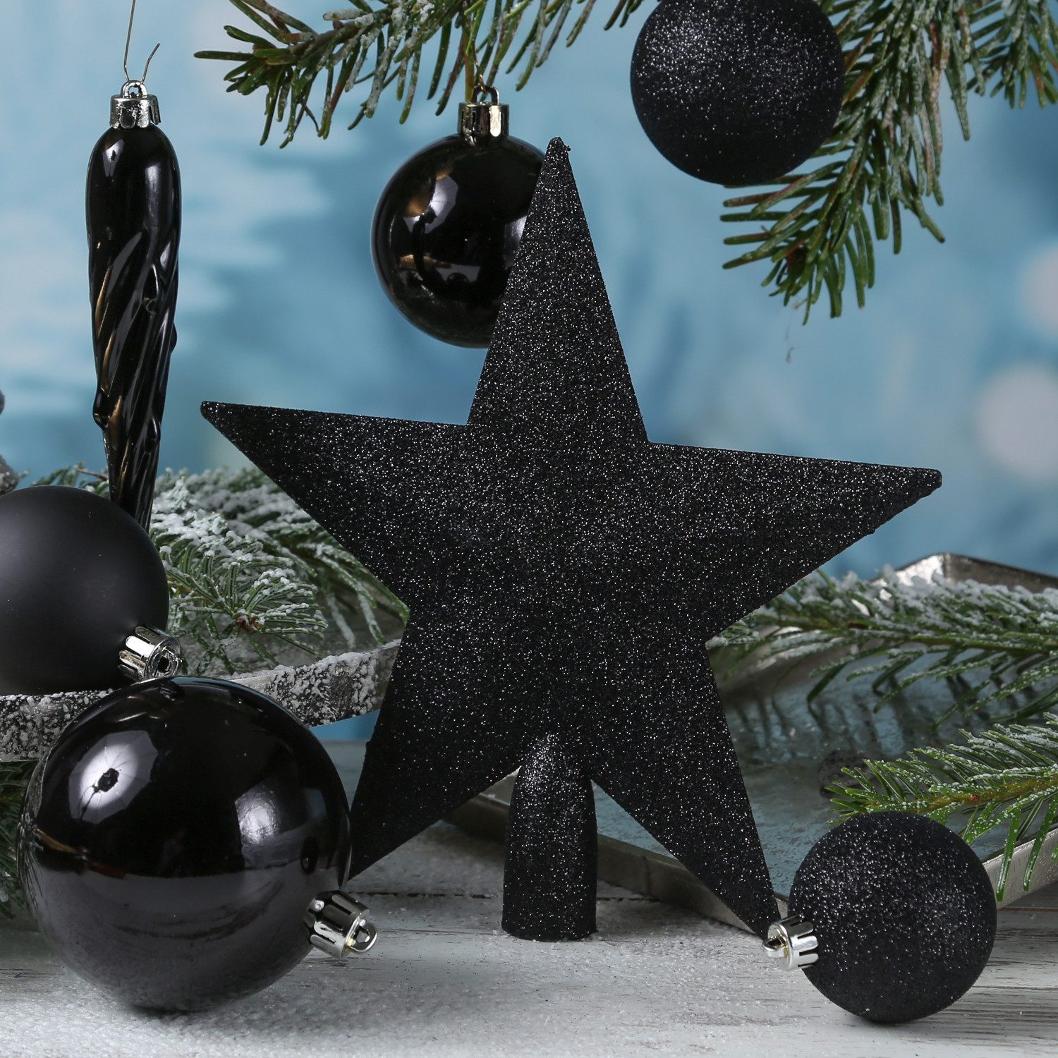 MARELIDA Weihnachtsbaumkugel Christbaumkugeln Weihnachtskugeln mit Stern Baumspitze schwarz 33Stück (33 St)