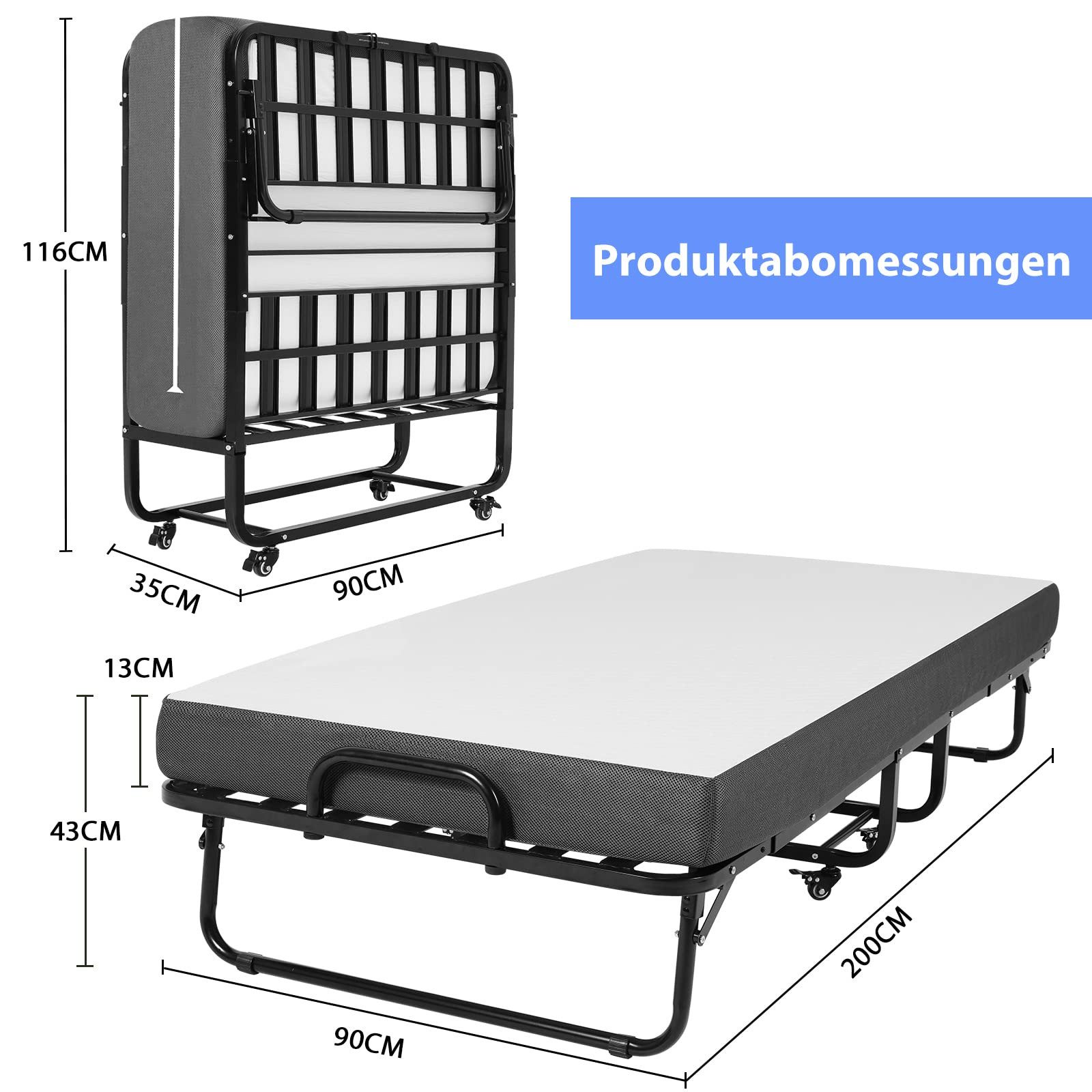 MSMASK Klappbett 90x200cm auf Rädern, mit günstig online kaufen