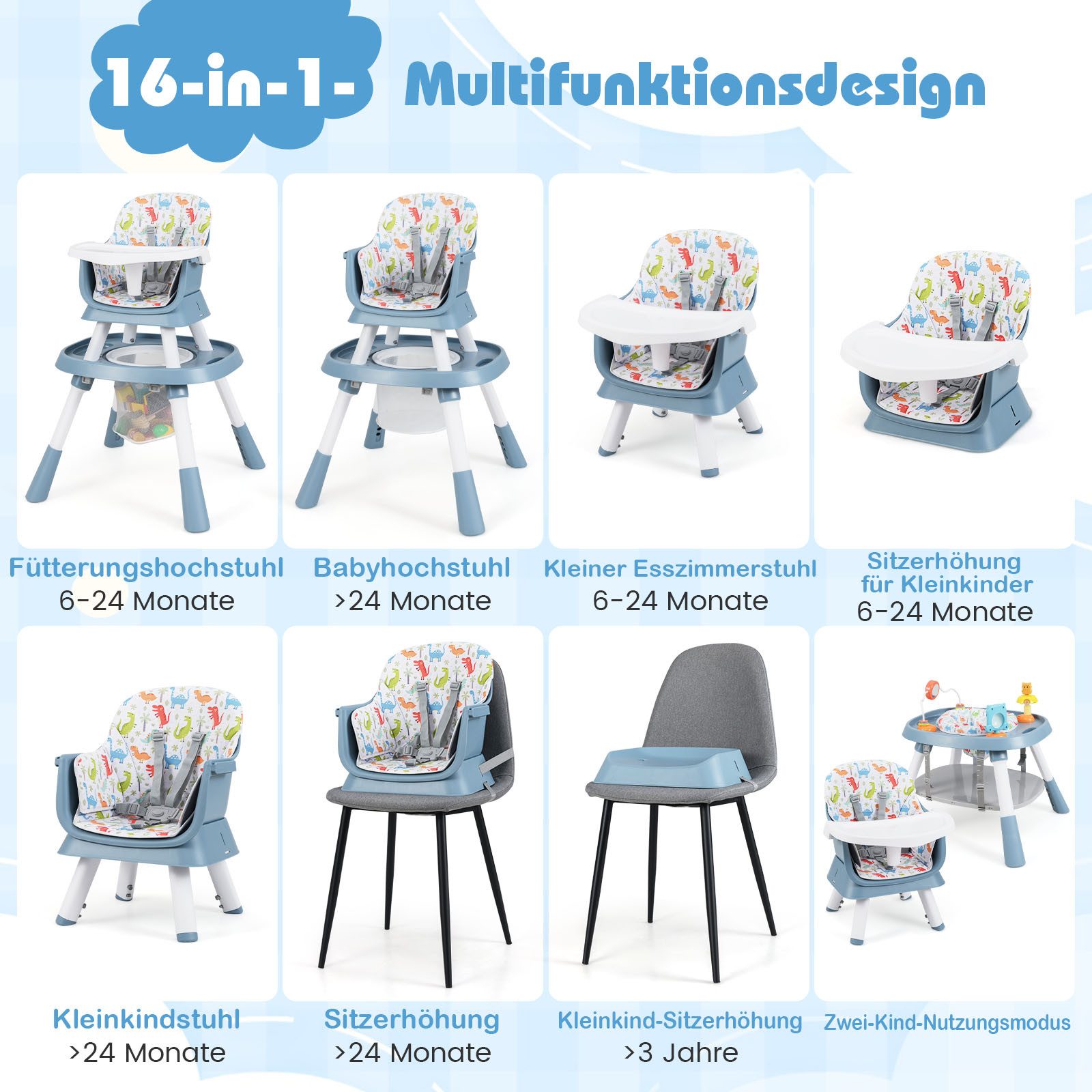 COSTWAY Hochstuhl 16 in 1 Kinderhochstuhl (1 St), Babystuhl für Kinder ab 6 Monate – Bild 2 von 5