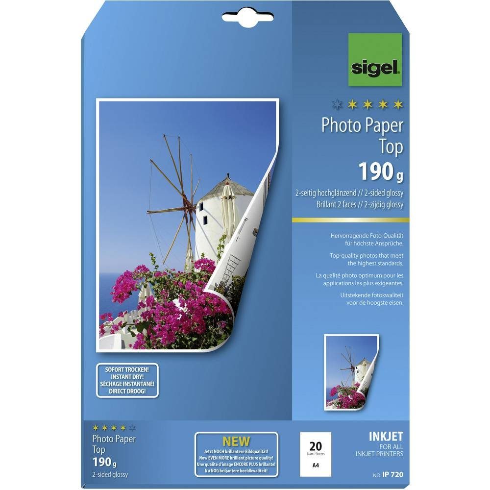 Sigel Fotopapier Inkjet Fotopapier Top, 2-seitig hochglänzend, 190 g/m², A4 IP720, Hochglänzend, Beide Seiten bedruckbar