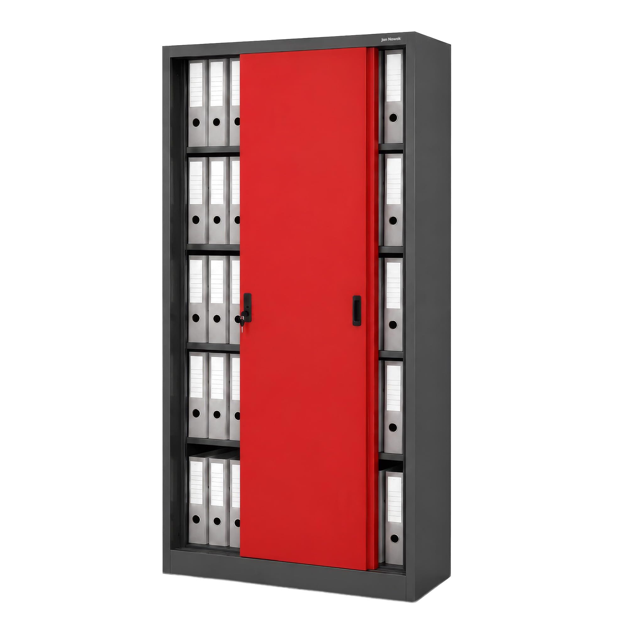 Jan Nowak Aktenschrank Metall Schiebetürenschrank 90 cm KUBA 4 Böden abschließbar Stahl (Büroschrank Aktenschrank platzsparend Büro Kanzlei Sozialraum, Stahl 0,6 mm 185 x 90 x 45 cm Wandmontage Schloss 2 Schlüssel) 4 Böden robust langlebig pulverbeschichtet 10 Farben