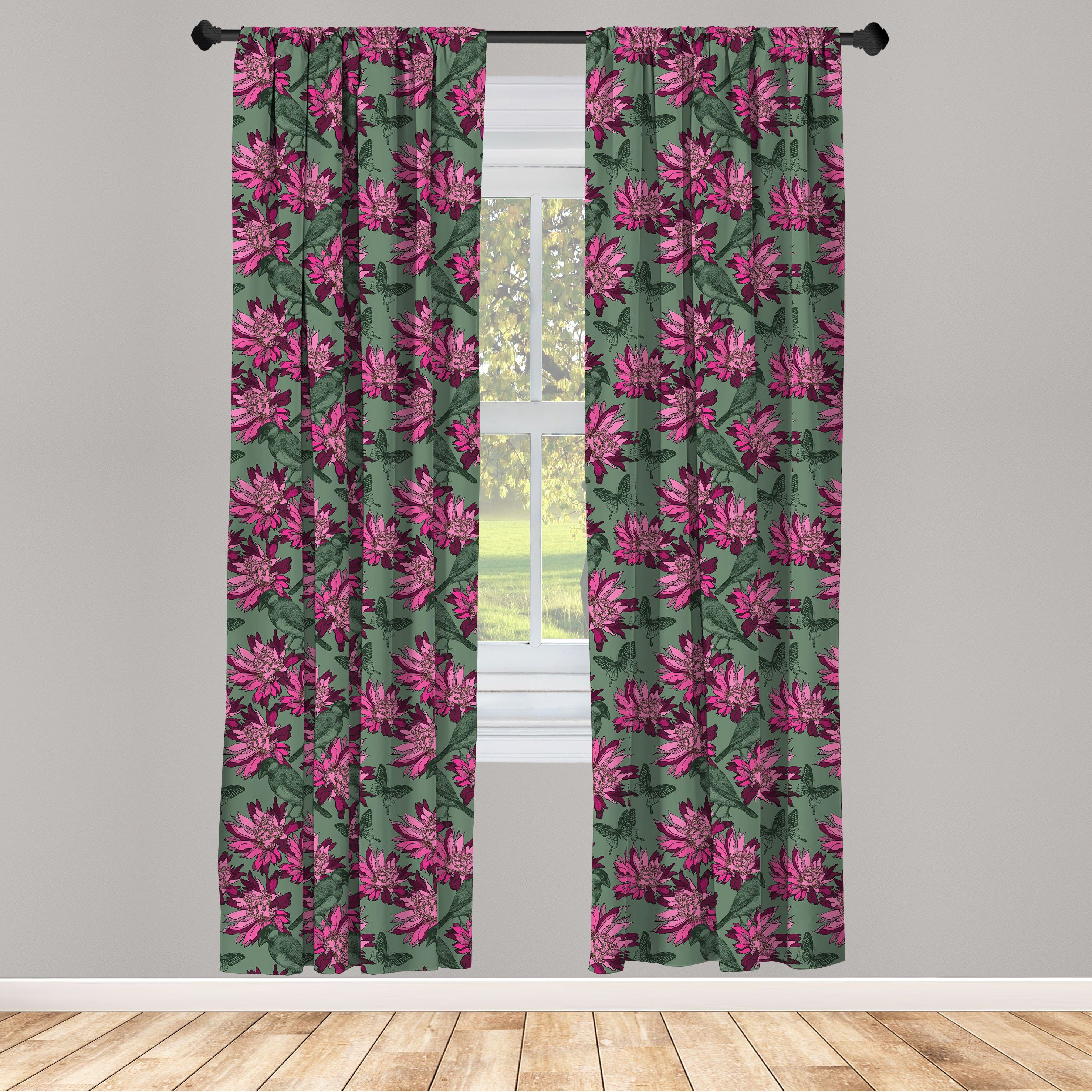 Gardine Vorhang für Wohnzimmer Schlafzimmer Dekor, Abakuhaus, Microfaser, Blumen Vögel Sketch-Blumen-Kunst | Fertiggardinen