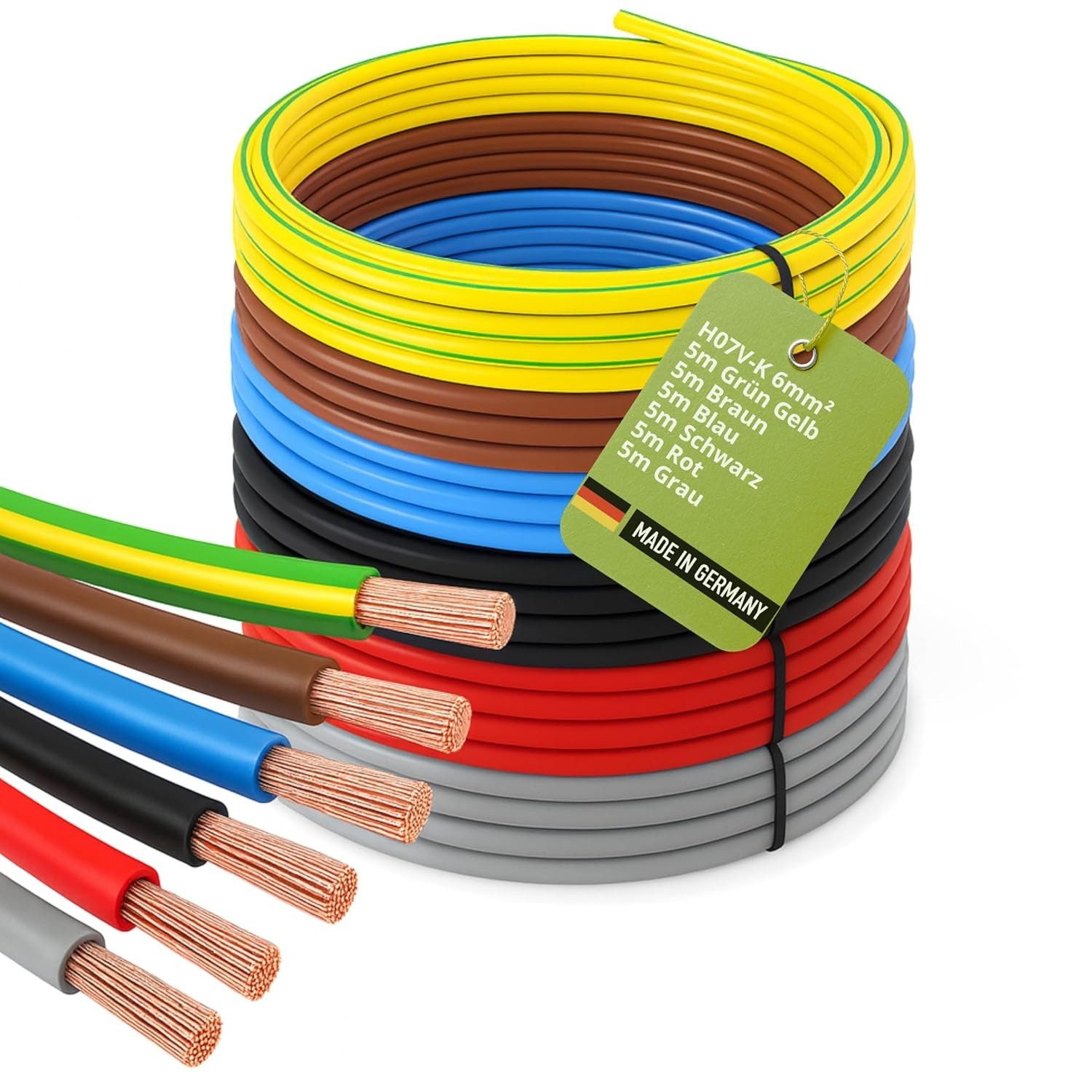 INVOLT H07V-K 6 mm² 5m Verdrahtungsleitung Set, 6 x Einzelader Stromkabel