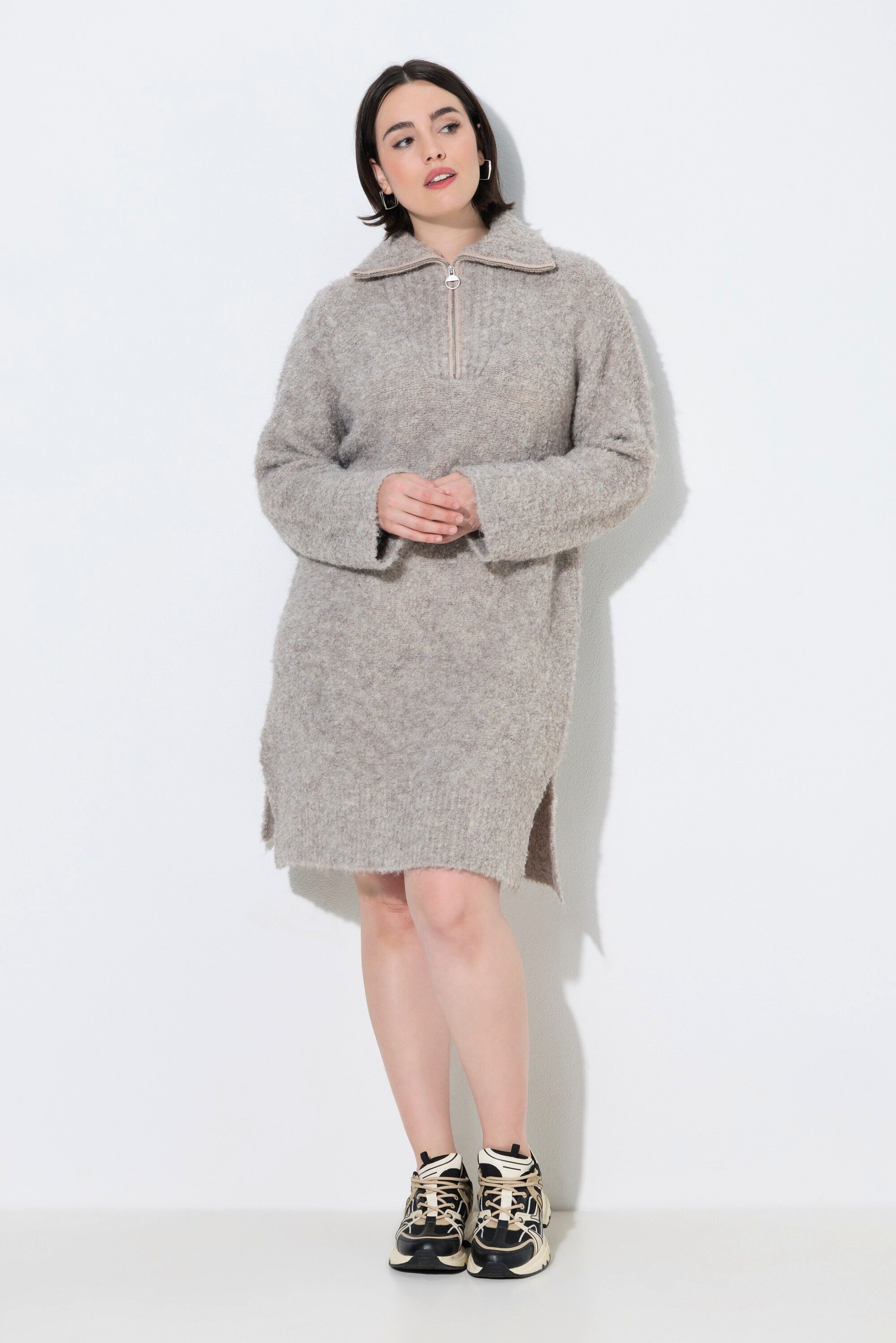 Ulla Popken Midikleid Strickkleid A-Linie Troyerkragen Langarm