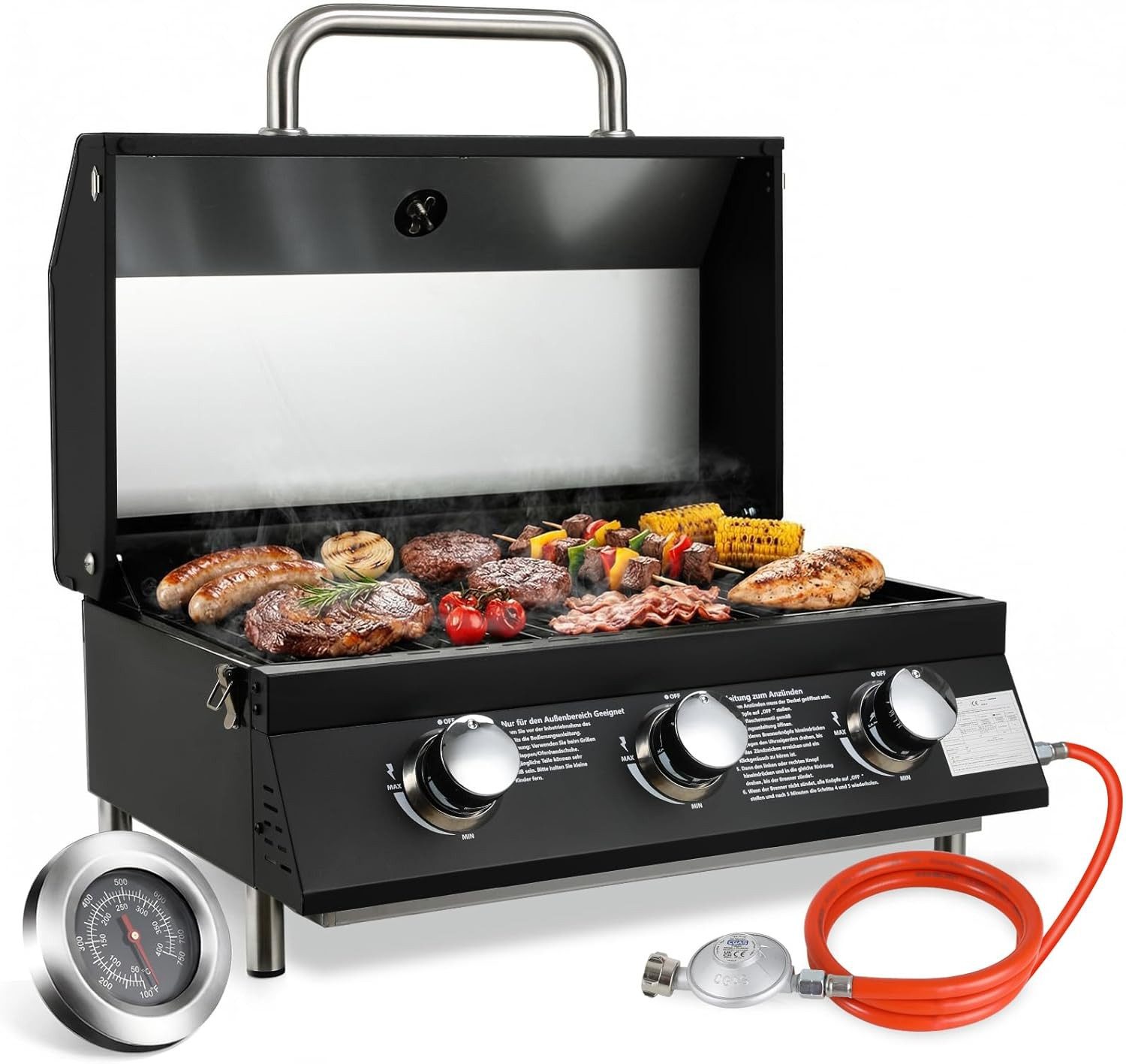 TLGREEN Camping-Gasgrill 3 Brenner Gasgrill Tragbar, Kompakter Tischgasgrill mit Emailliertem Grillrost & Thermometer, 6.6kW Camping Gasgrill für BBQ/Balkon/Garten/Außenbereich, 60x33cm Grillfläche, Schwarz/Edelstahl, 12,7kg Leichtgewicht