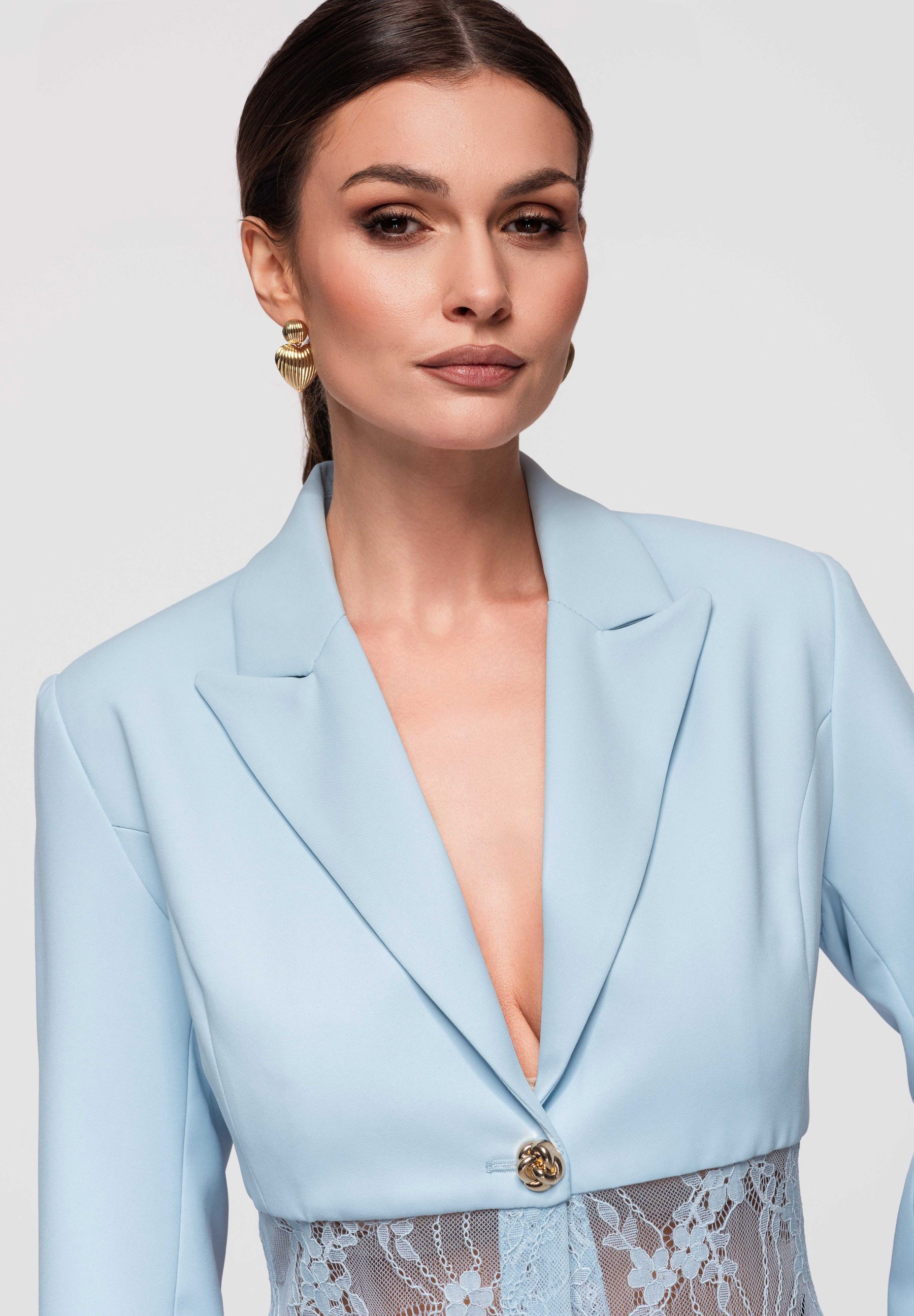 OMBRE Longblazer Damen Blazer Tailliert Spitze Elegant Blau M (kein Set, 1-tlg) Taillierter Schnitt, Koronkowy panel