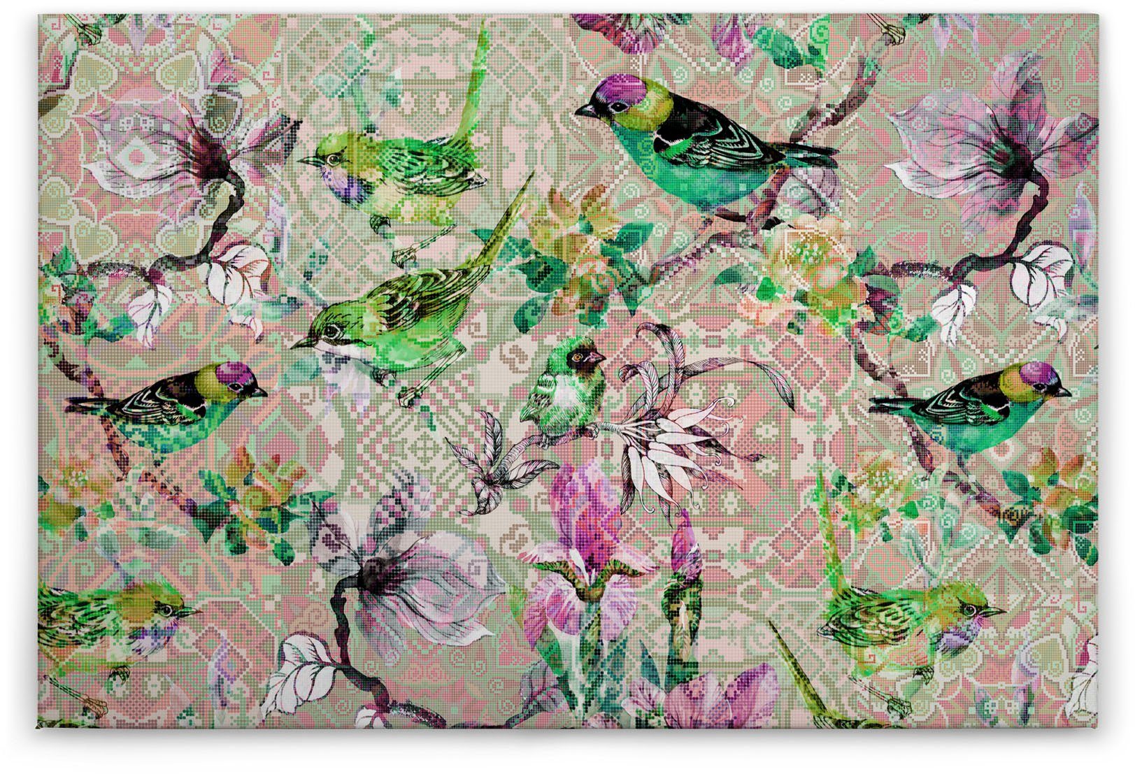 Mosaik A.S. St), Blumen Floral Vögel Bild rosa, birds, grün, Création mosaic Vögel schwarz (1 Keilrahmen Leinwandbild