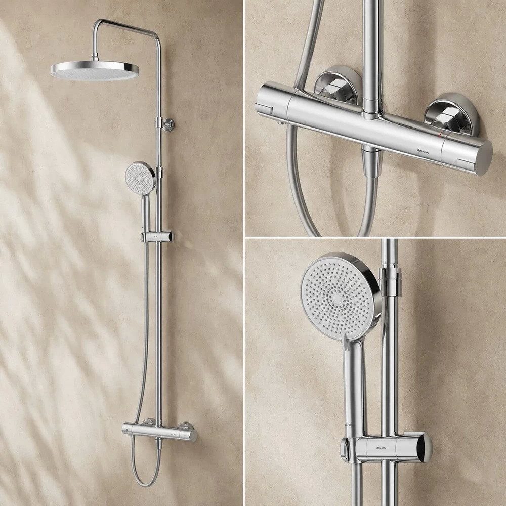 AM.PM Duschsystem PLAY mit Thermostat Ø 30 cm Regendusche & Handbrause Duscharmatur, Höhe 146 cm, 5 Strahlart(en), Brause Dusch-Komplettset, höhenverstellbare Duschsäule 103-146 cm, Dusche Brauseset mit 175 cm Duschschlauch Silber / Chrom, Duschset Kopfbrause & Handdusche mit Antikalk-Duschkopf