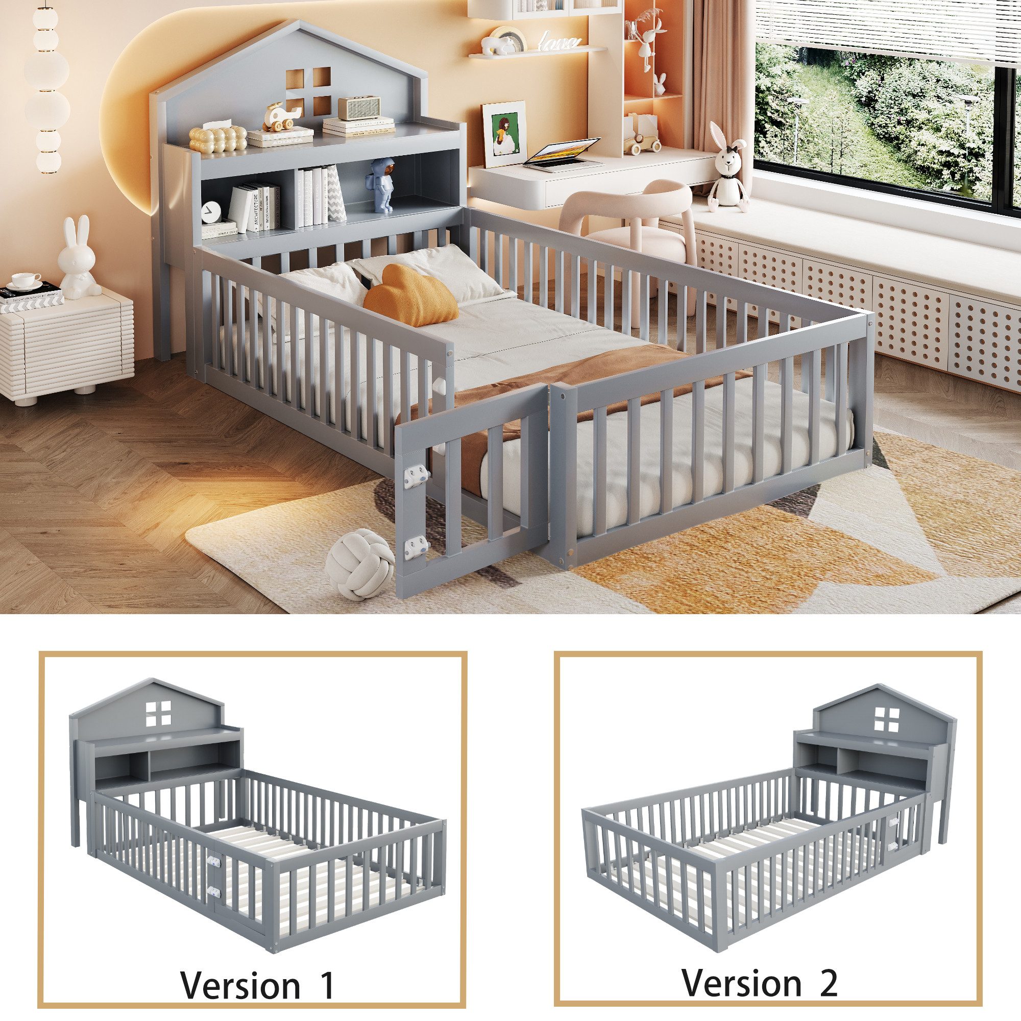 Merax Kinderbett 90x200cm mit Tür, Regal und Kreidetafel (1-tlg), Bodenbett mit Lattenrost und Stauraum,Massivholz Hausbett Jugendbett – Bild 3 von 5