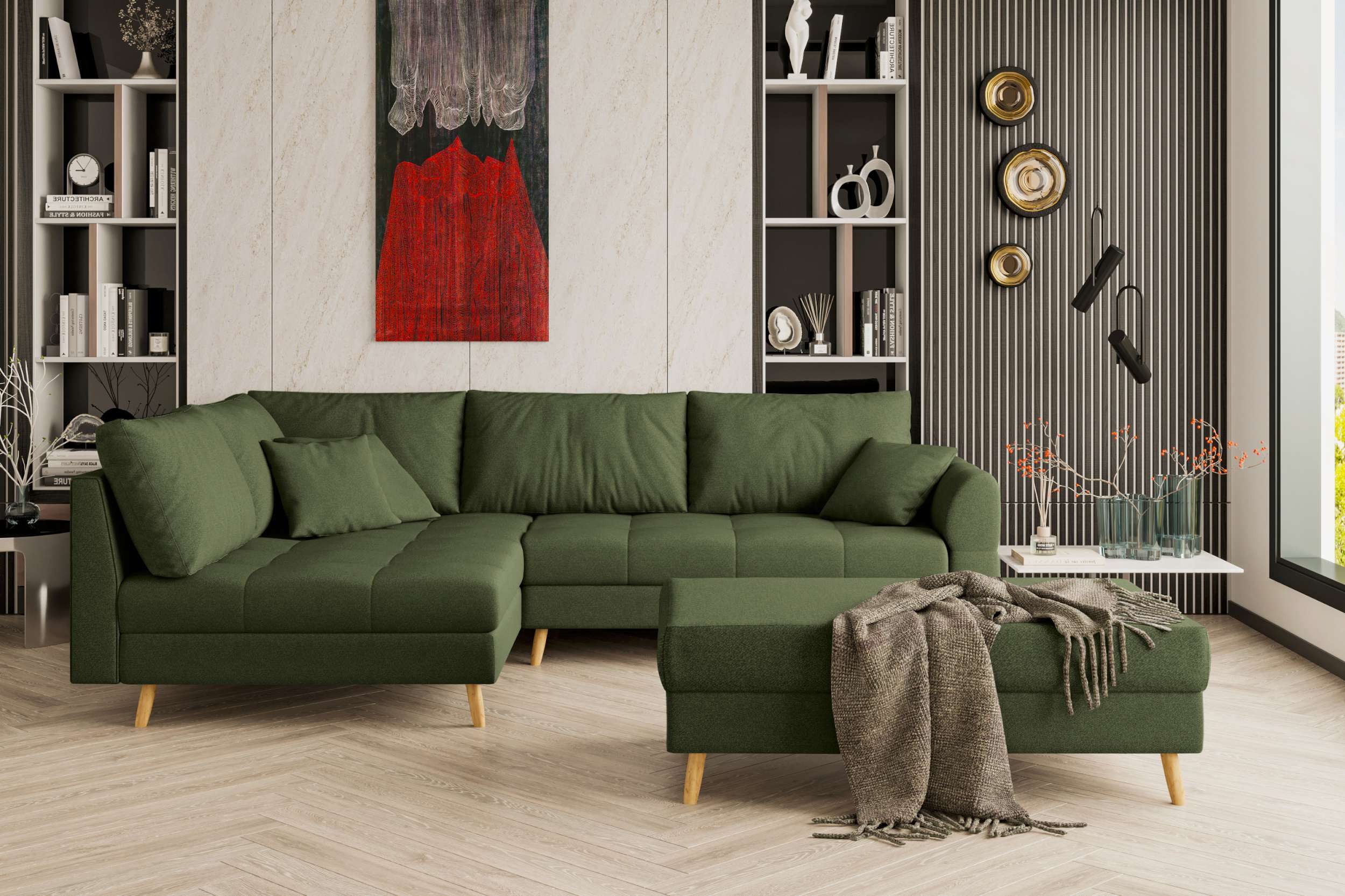 99rooms Ecksofa Bello, Sofa L-Form mit Hocker, links oder rechts bestellbar, mit Hocker, Rückenkissen, Holzfüße