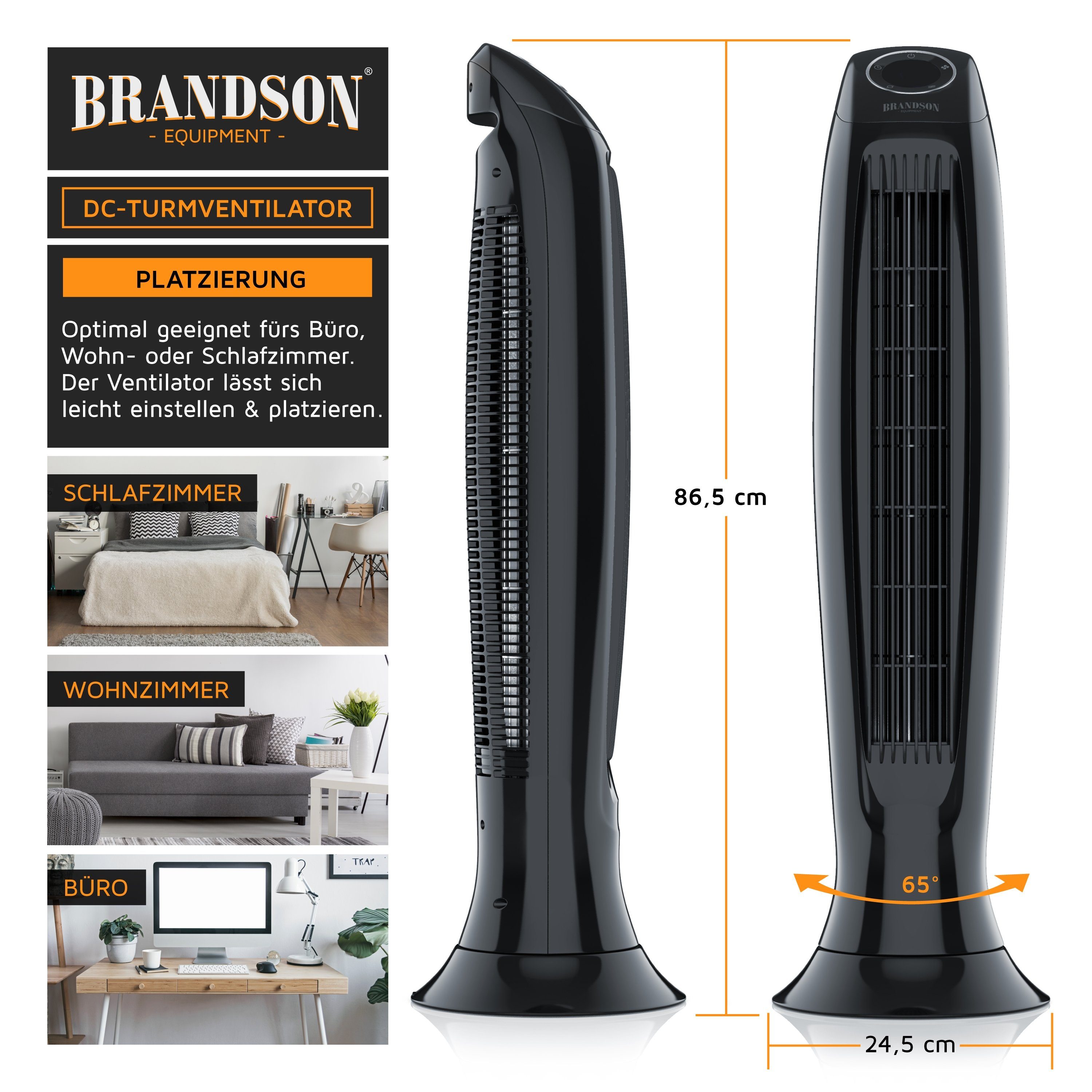 Brandson Turmventilator Säulenventilator Silent, DC Motor, Fernbedienung, Oszillation, ECO, Preisträger 2025, mobiler Lüfter leise, 3 Lüftungs-Modi, GS-Geprüft