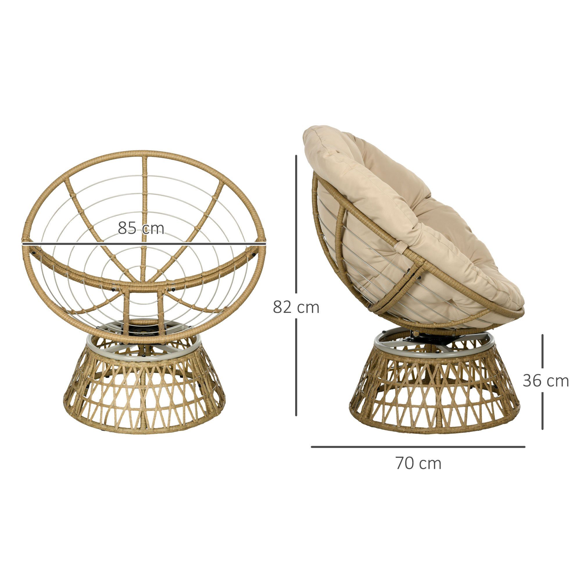 Outsunny Gartensessel Papasansessel (Rattan Sessel, 1-St., Korbsessel), Verstellbare Fußstütze 85 x 70 x 82 cm Khaki