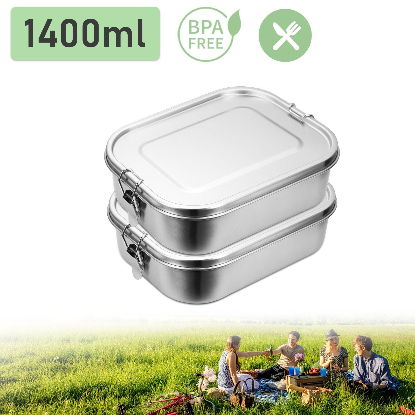 Edelstahl Schule 2X1400ml Silber - TolleTour Brotdose Büro für Lunchbox Nachhaltige Lunchbox Picknick