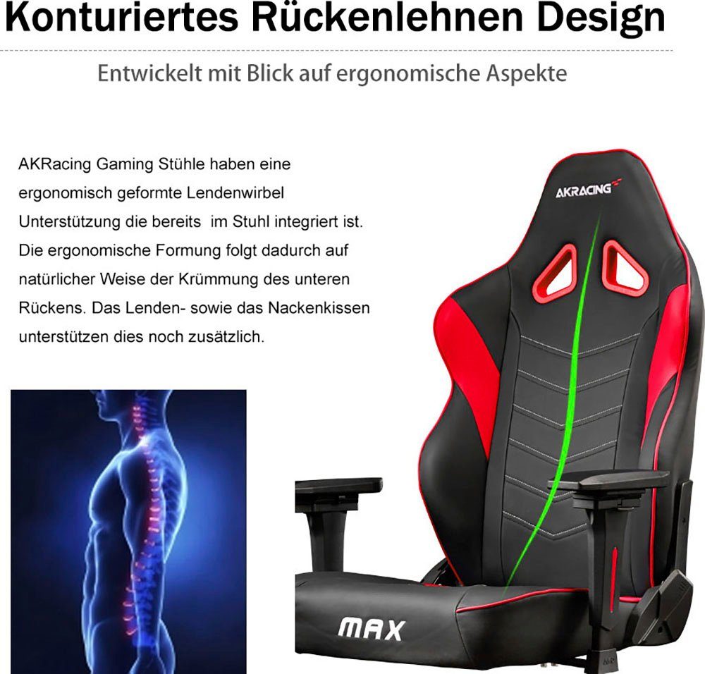 AKRacing Gaming-Stuhl "AKRACING Master Max" große schwere für Bürostuhl höhenverstellbar und Personen rot Kunstleder, ergonomisch, hochwertiges