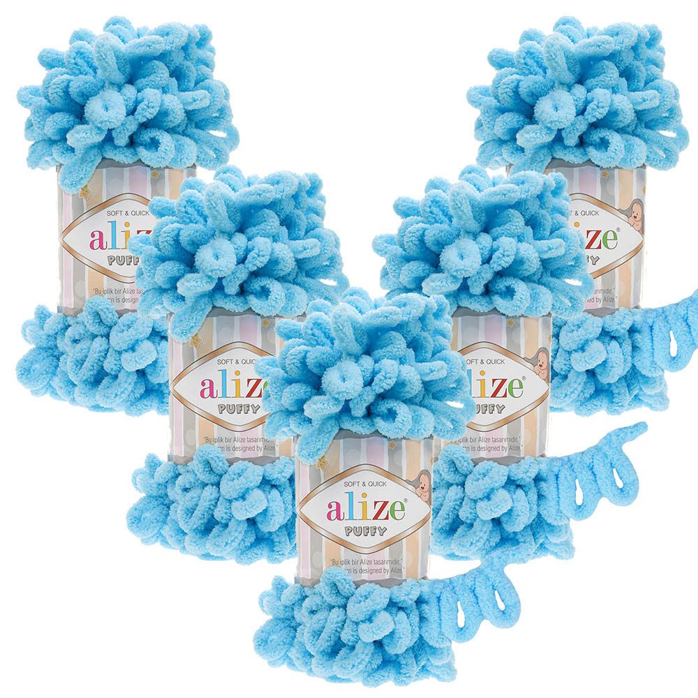 Alize 5 x ALIZE Puffy 287 Turquoise Häkelwolle, 9 m (Wolle), Babywolle Chenillegarn Handstrickgarn Fingerhäkeln Amigurumi