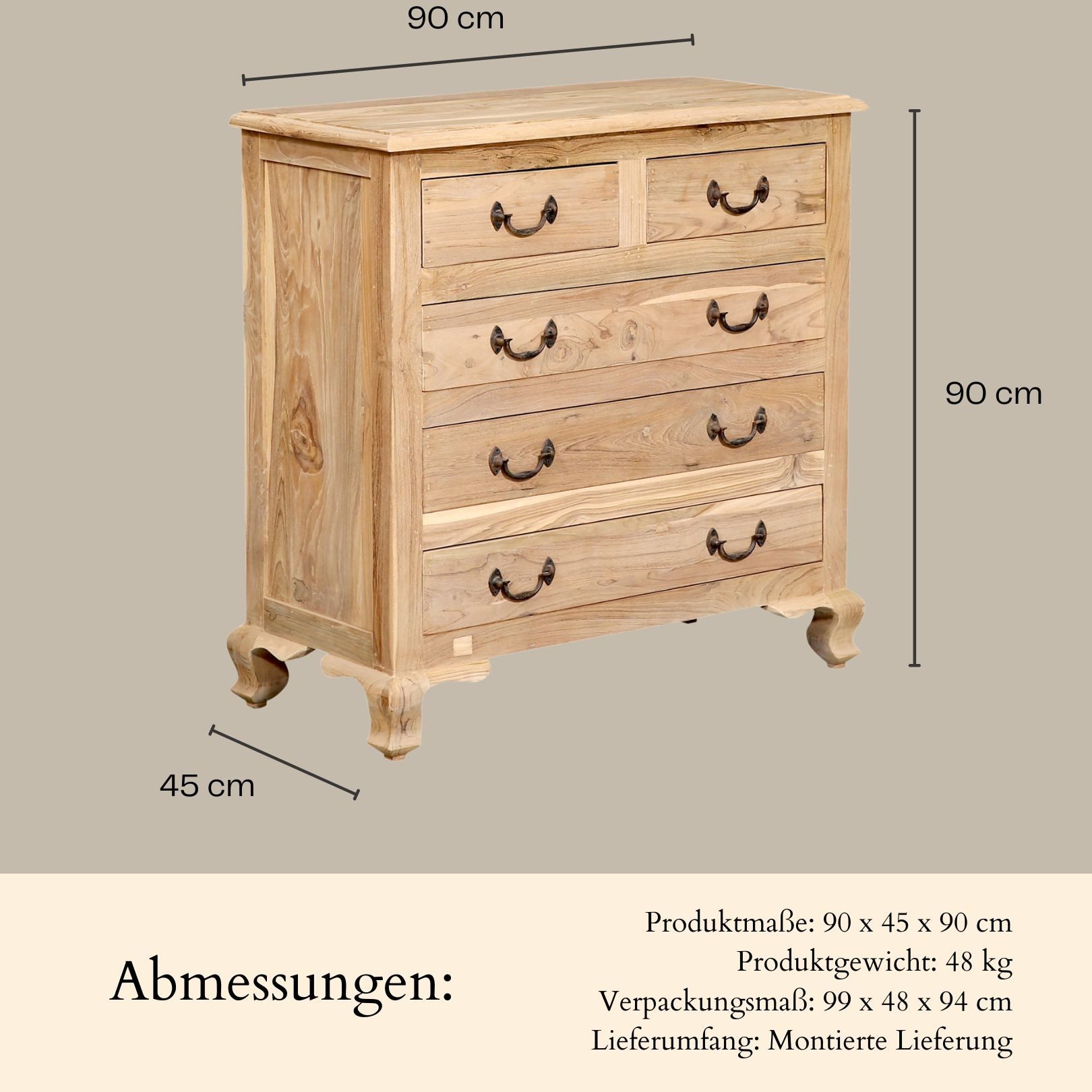 Marrakesch Orient & Mediterran Interior Kommode Kommode Abetare handgefertigt aus Teakholz Möbel massiv 90 cm im Trend (1 St), Handarbeit