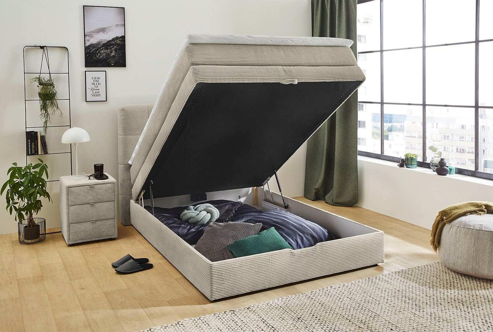 Jockenhöfer Gruppe Boxspringbett AMY in Cord, erhältlich in den Breiten 120cm & 140cm, mit Bettkasten & Topper