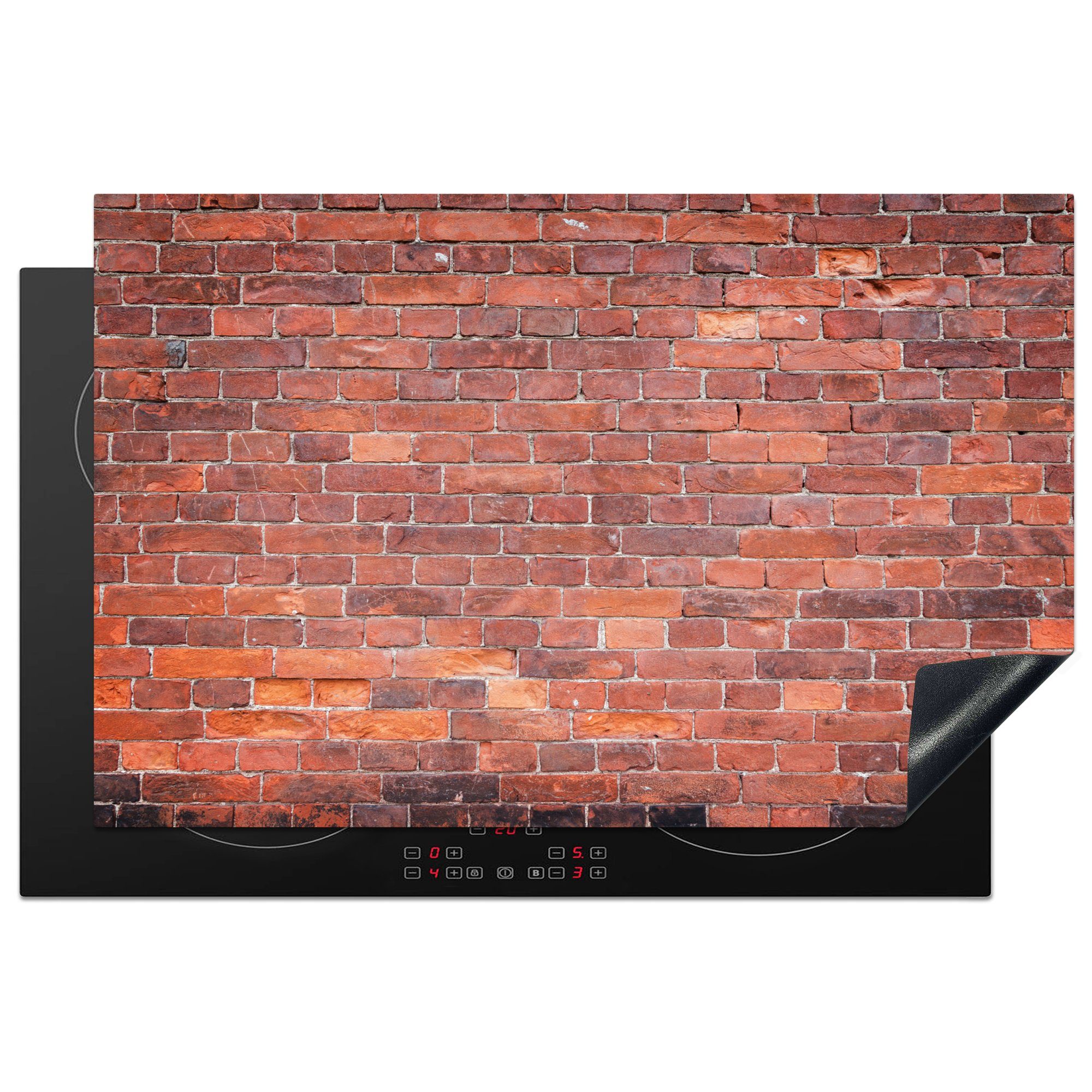 MuchoWow Herdblende-/Abdeckplatte Ziegel - Wand - Rot, Vinyl, (1 tlg), 81x52 cm, Induktionskochfeld Schutz für die küche, Ceranfeldabdeckung