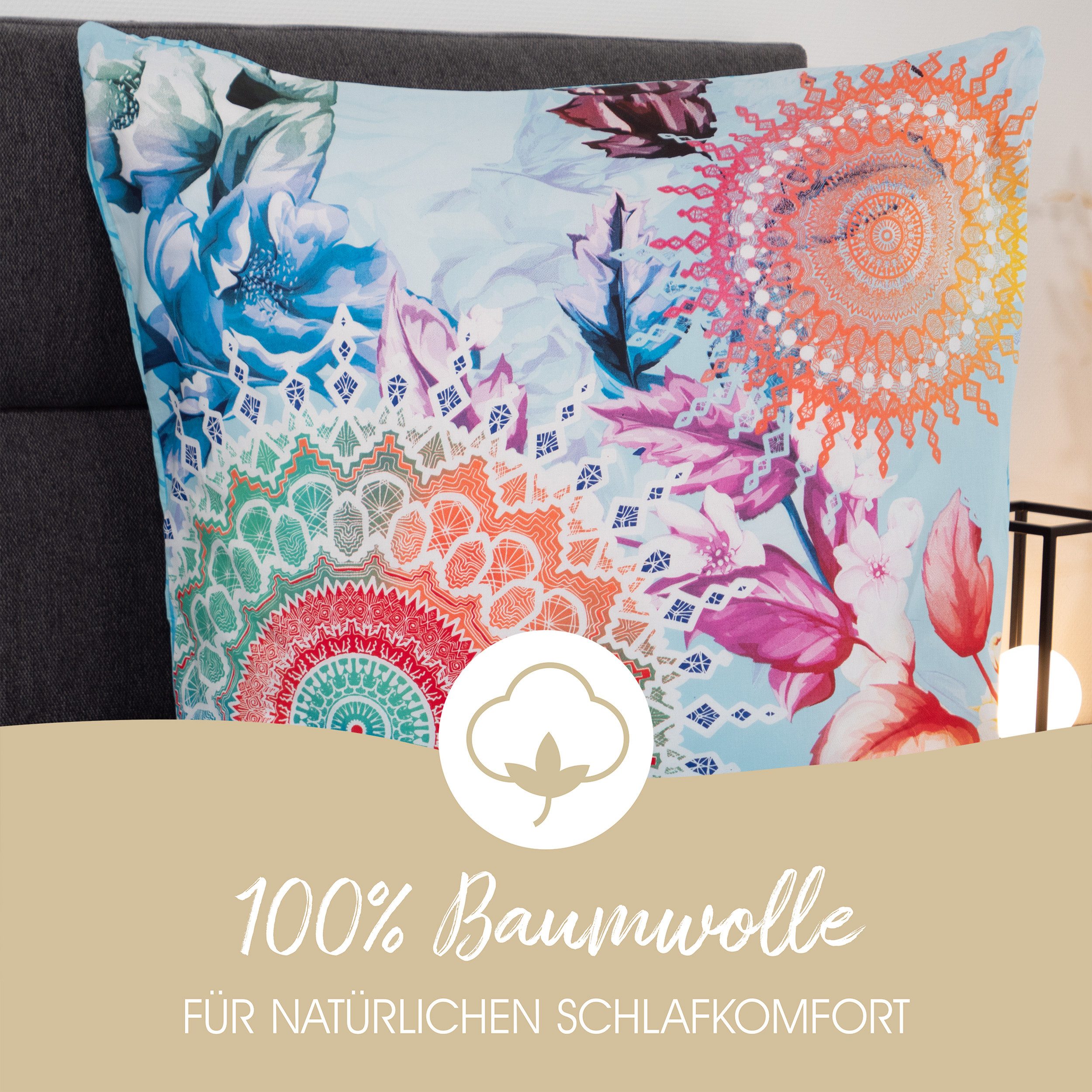 hip Bettwäsche Baumwolle, Renforcé, 2 teilig, farbenfrohe Mandalas, blauer Hintergrund