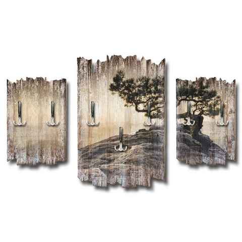 Kreative Feder Wandgarderobe Dreiteilige Wandgarderobe Einsamer Baum (3 St), Dreiteilige Wandgarderobe aus Holz