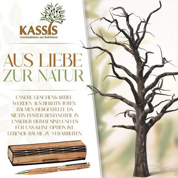 Kassis Dekoobjekt Kugelschreiber in Holzschachtel mit Gravur "Viel Erfolg", Olivenholzdeko, handgemacht, Naturprodukt, aus Bethlehem