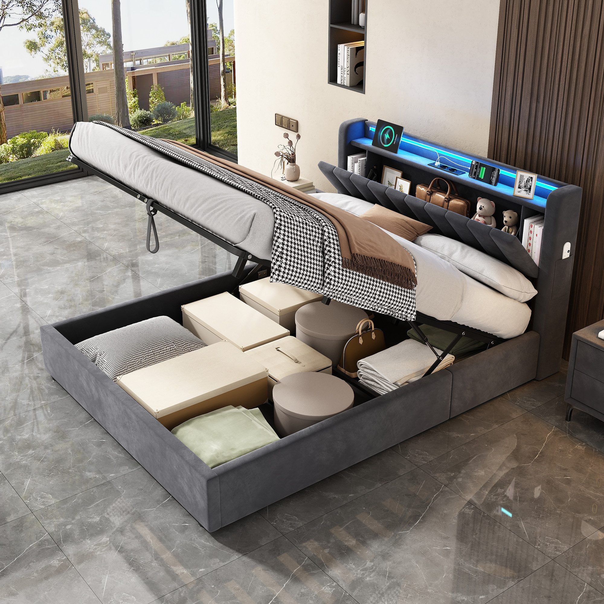 STILVORA Polsterbett 140×200 mit bettkasten,Bettgestelle Boxspringbett mit USB & LED-Licht (Funktionsbett mit Fernbedienung, Gepolsterter Rand, Samtstoff, Metallrahmen, Kompfort, Grau), Jugendbett ohne matratze, Stauraumbett für verschiedene Raumstile