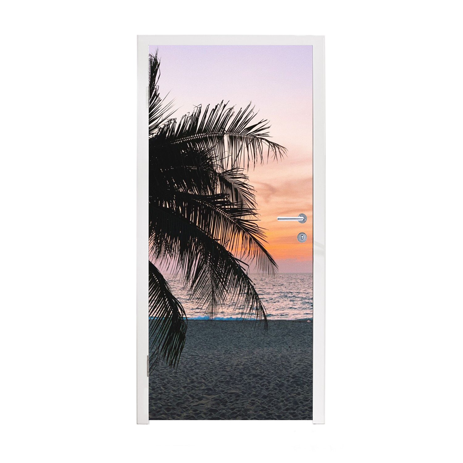 MuchoWow Türtapete Palme - Strand - Meer - Abend, Matt, bedruckt, (1 St), Fototapete für Tür, Türaufkleber, 75x205 cm