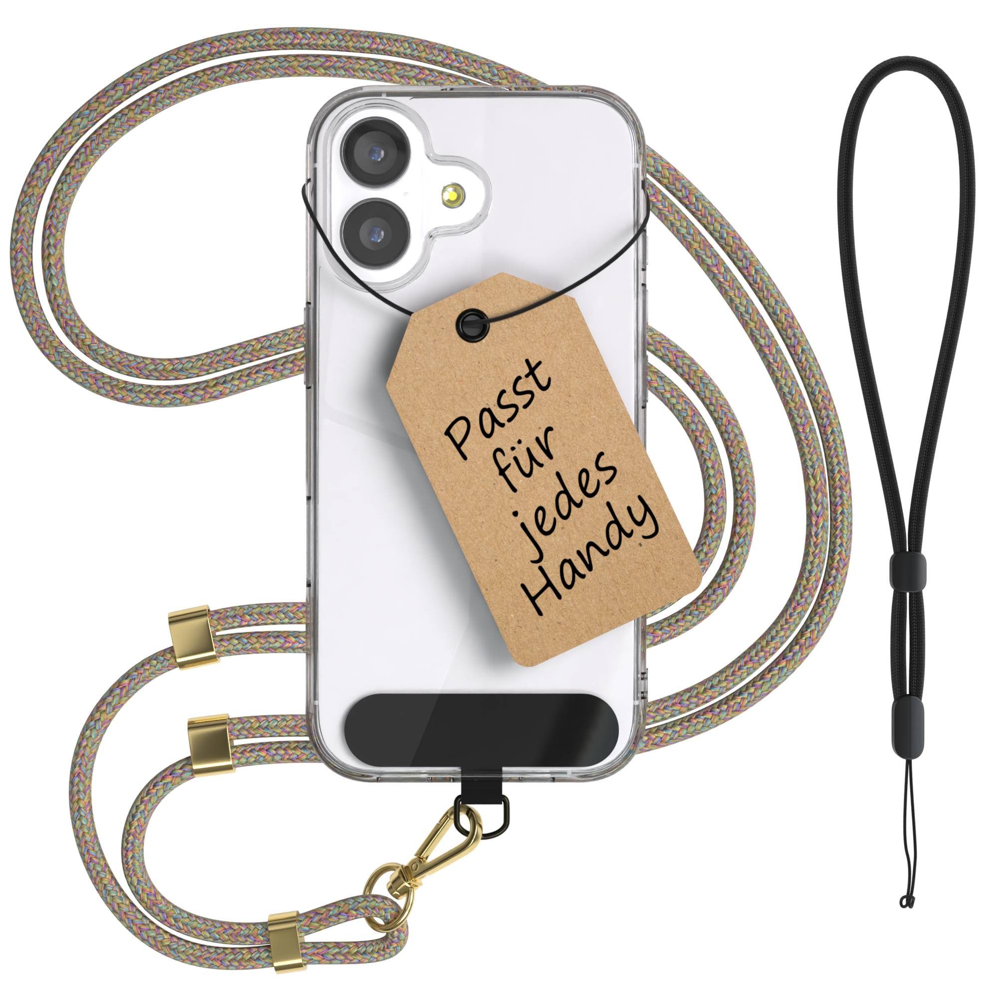 EAZY CASE Handykette Universal Handykette für alle Modelle zum Umhängen, Universales Handyband mit Carabiner wechselbare Kordel Bunt Clips Gold