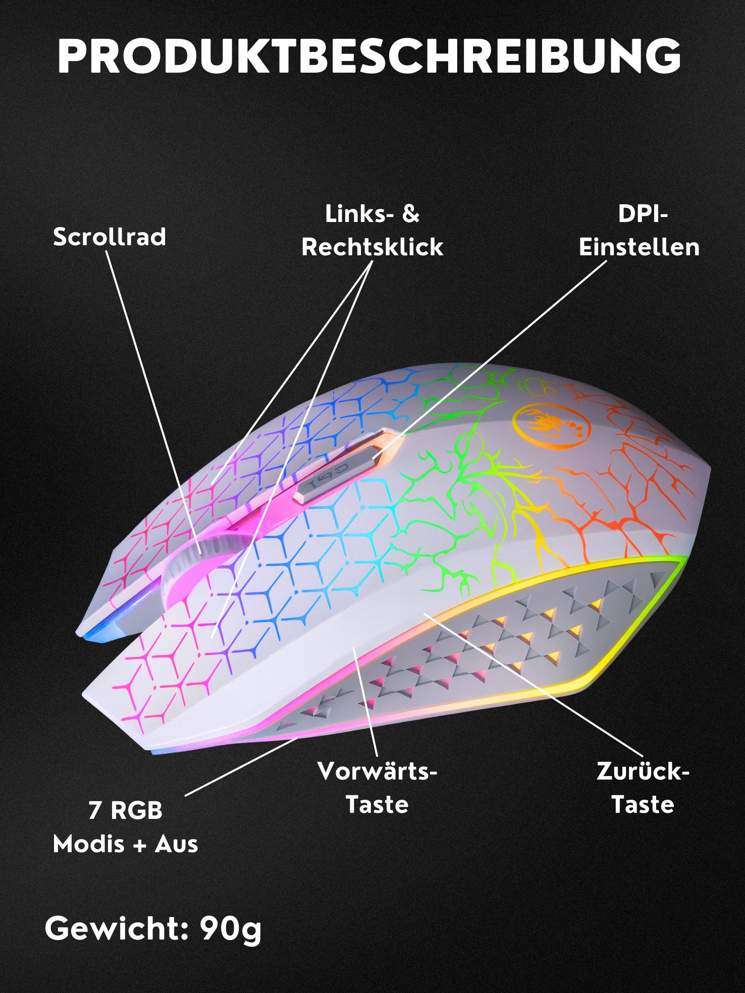 S&T Design RGB Gaming Maus Kabellos Wireless Leise Funk Bluetooth Maus (Funk, Bluetooth, kabelgebunden, 1600 dpi, USB-C Aufladbar Ergonomische Optische Maus für PC/Macbook/Laptop)