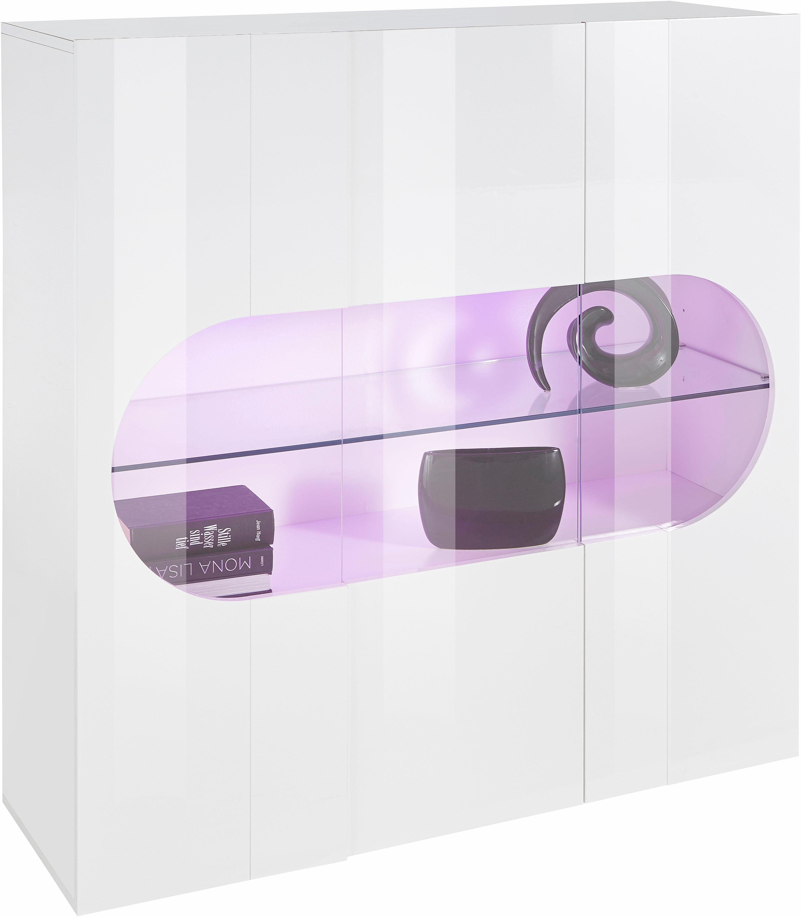 Home affaire Highboard Real,Highboard,Kommode,Schrank mit 3 Türen,komplett hochglanz lackiert, mit 3 Türen, davon 2 aus Glas, mit einer großen Glasablage, Höhe 121
