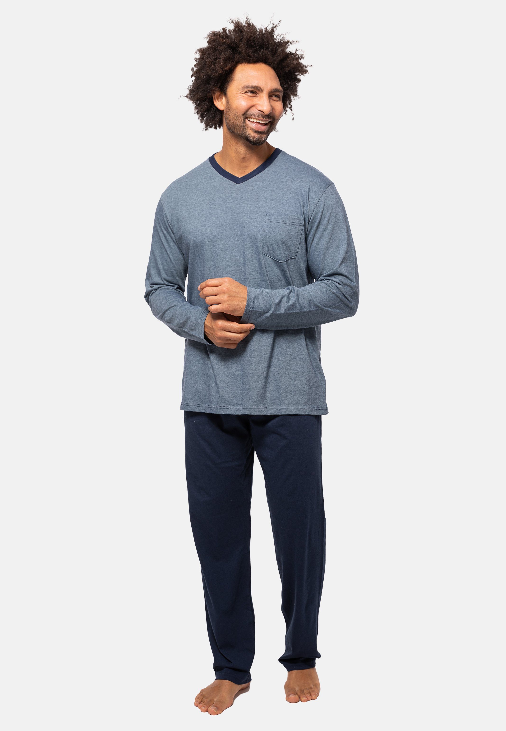 Ammann Pyjama Organic Cotton (Set, Blau - Hose Baumwolle aus tlg) Shirt - 2 Set Langarm Schlafanzug geringelt langer und