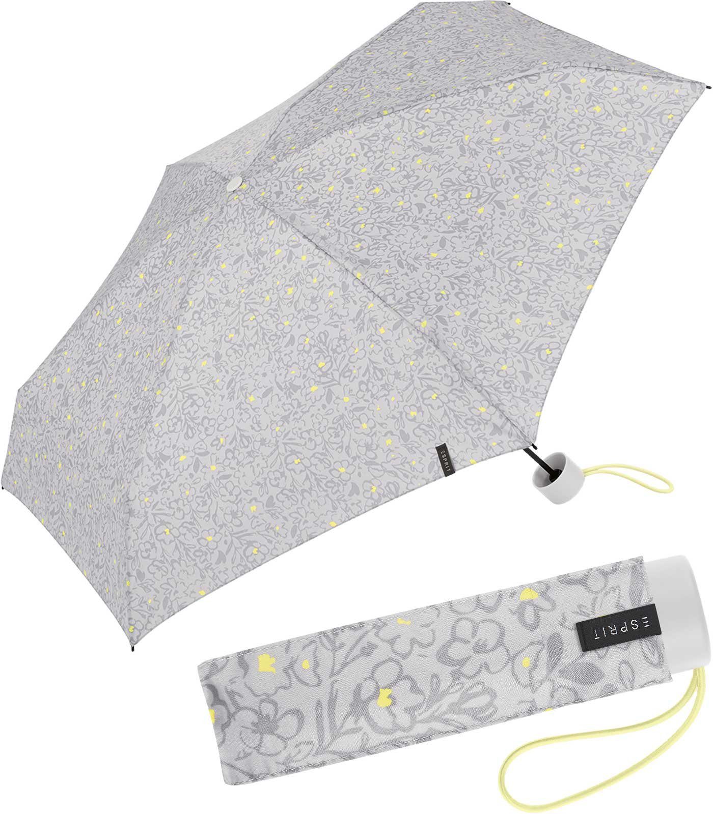 Esprit Taschenregenschirm Damen Super Mini Petito - Scribbled Romance, mit romantischem Blüten-Muster grau