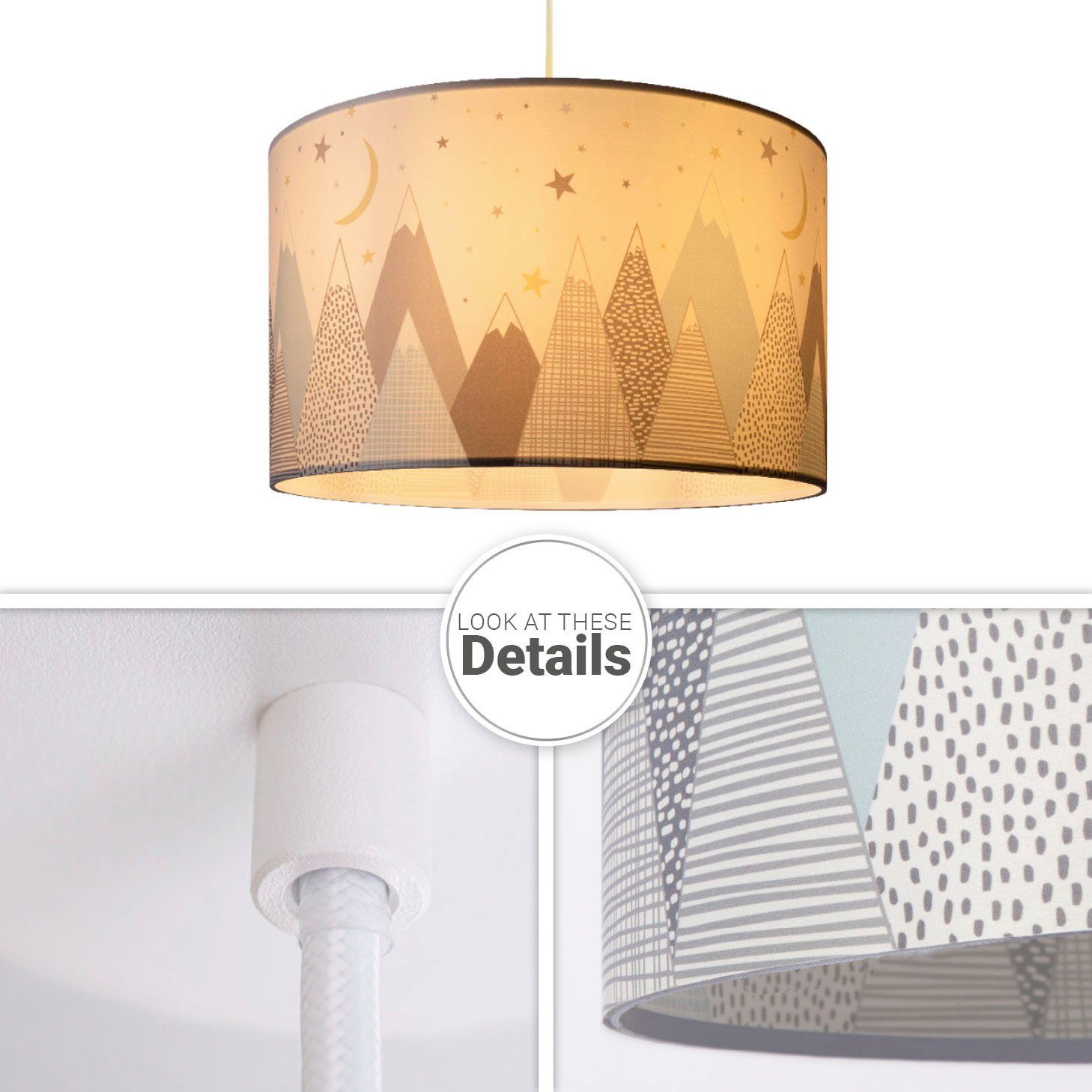 Paco Home Pendelleuchte Hugo Cosmo, ohne Leuchtmittel, Pendellampe Kinderzimmer n Decke Stoff Lampenschirm Rund Berge Sterne
