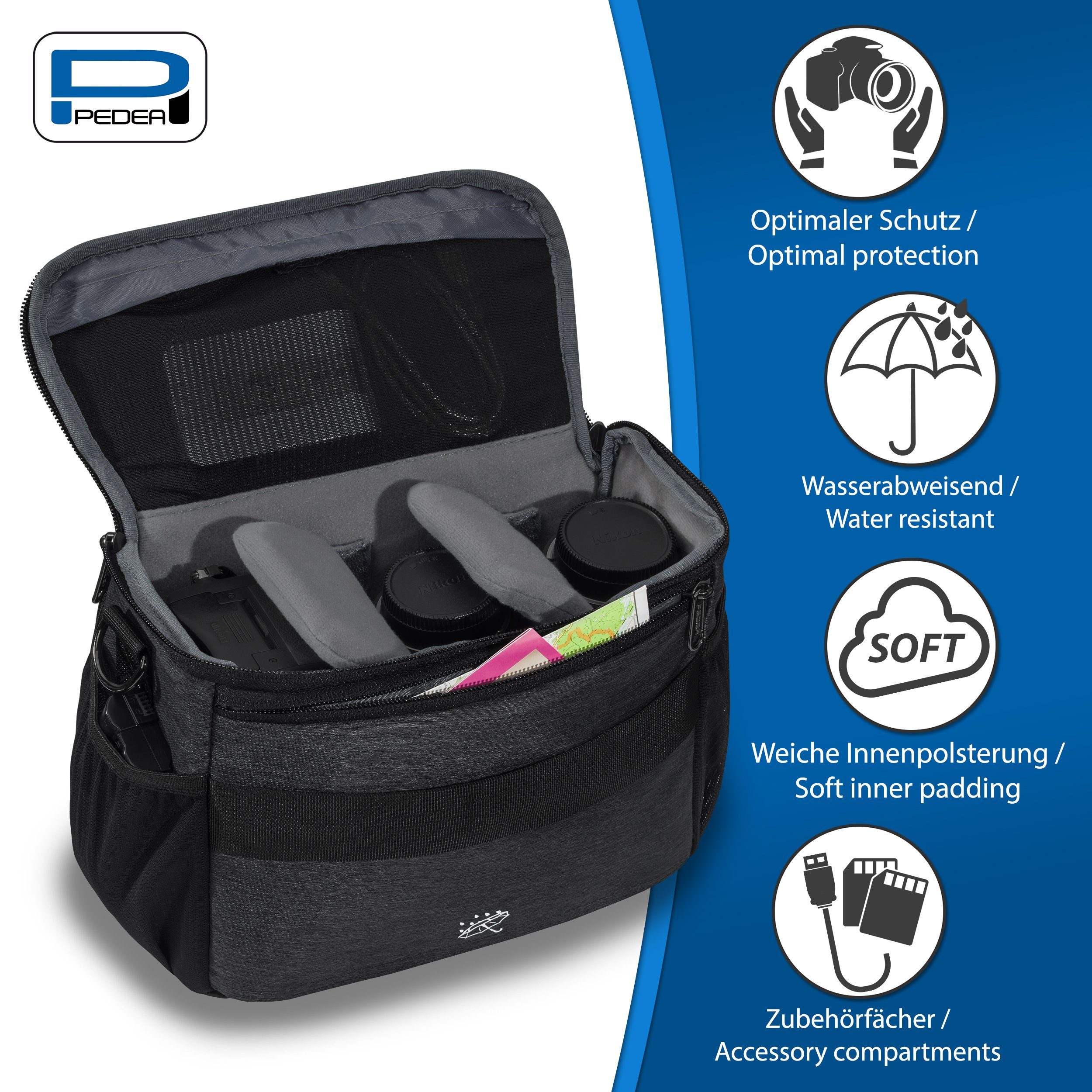PEDEA Kameratasche NOBLE Fototasche für Spiegelreflexkamera DSLR SLR, Regenschutzhülle, Zubehörfächer, Schultergurt