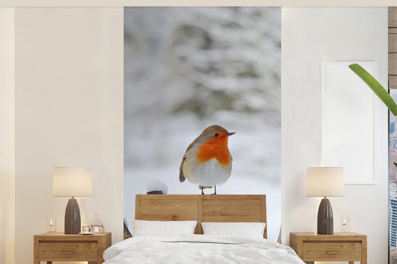 MuchoWow Fototapete Vogel - Zaun - Schnee, Matt, bedruckt, (2 St), Vliestapete für Wohnzimmer Schlafzimmer Küche, Fototapete