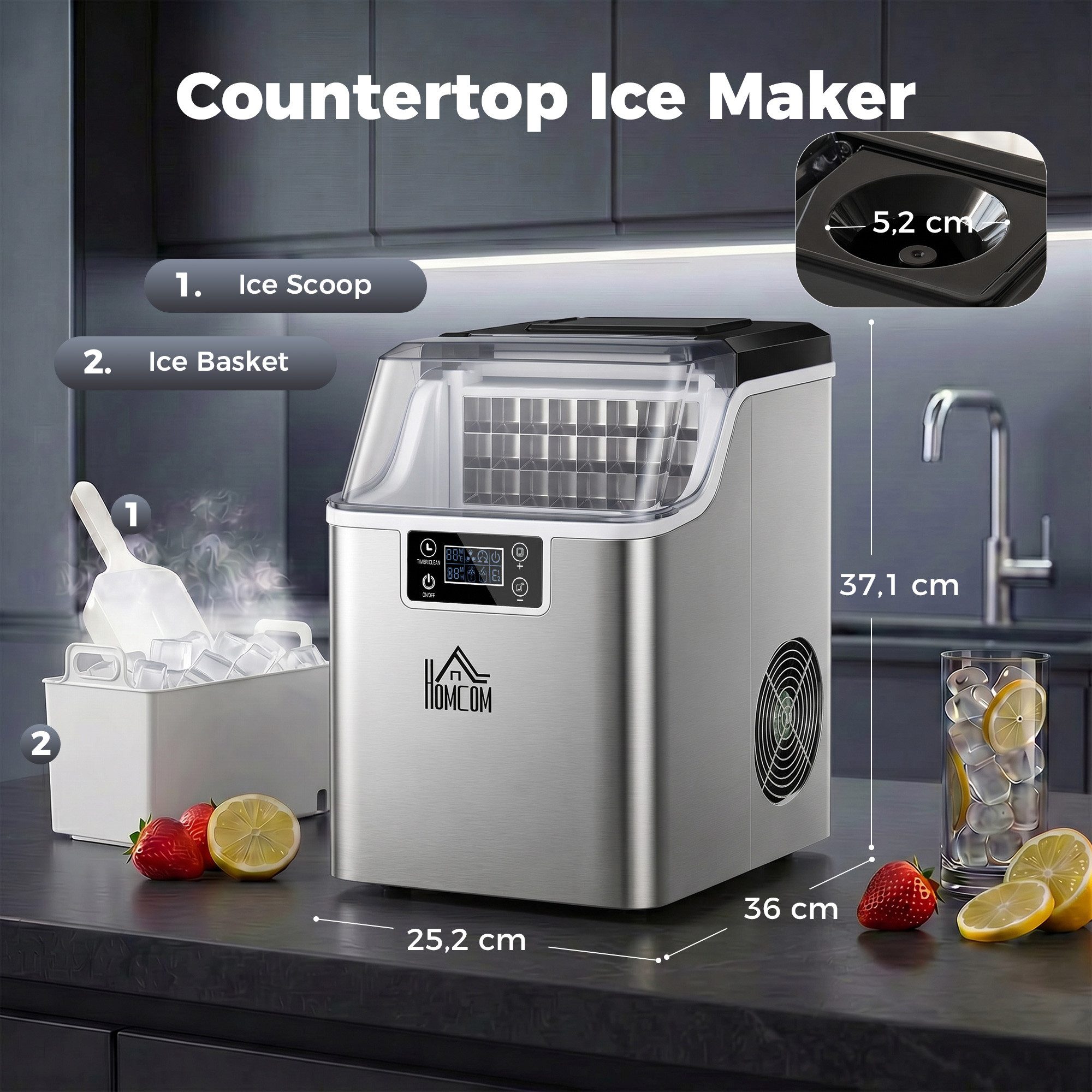 HOMCOM Eiswürfelmaschine Ice Maker, 24 Nugget Eiswürfel, 20kg/24h, 2,1L Wassertank, Versteckter Stauraum